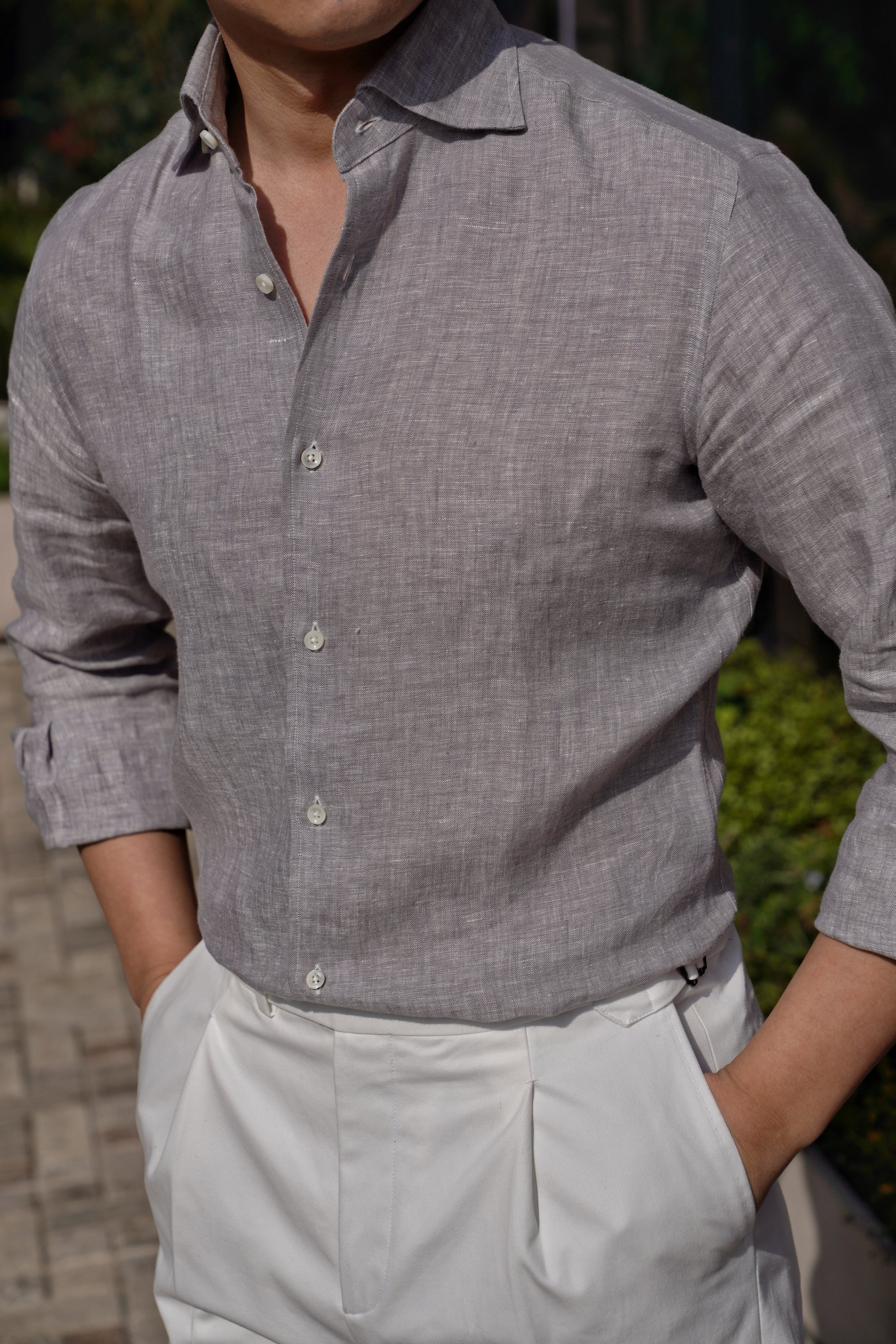 Pale Grey / Green Linen Shirt #XS10 #XS13