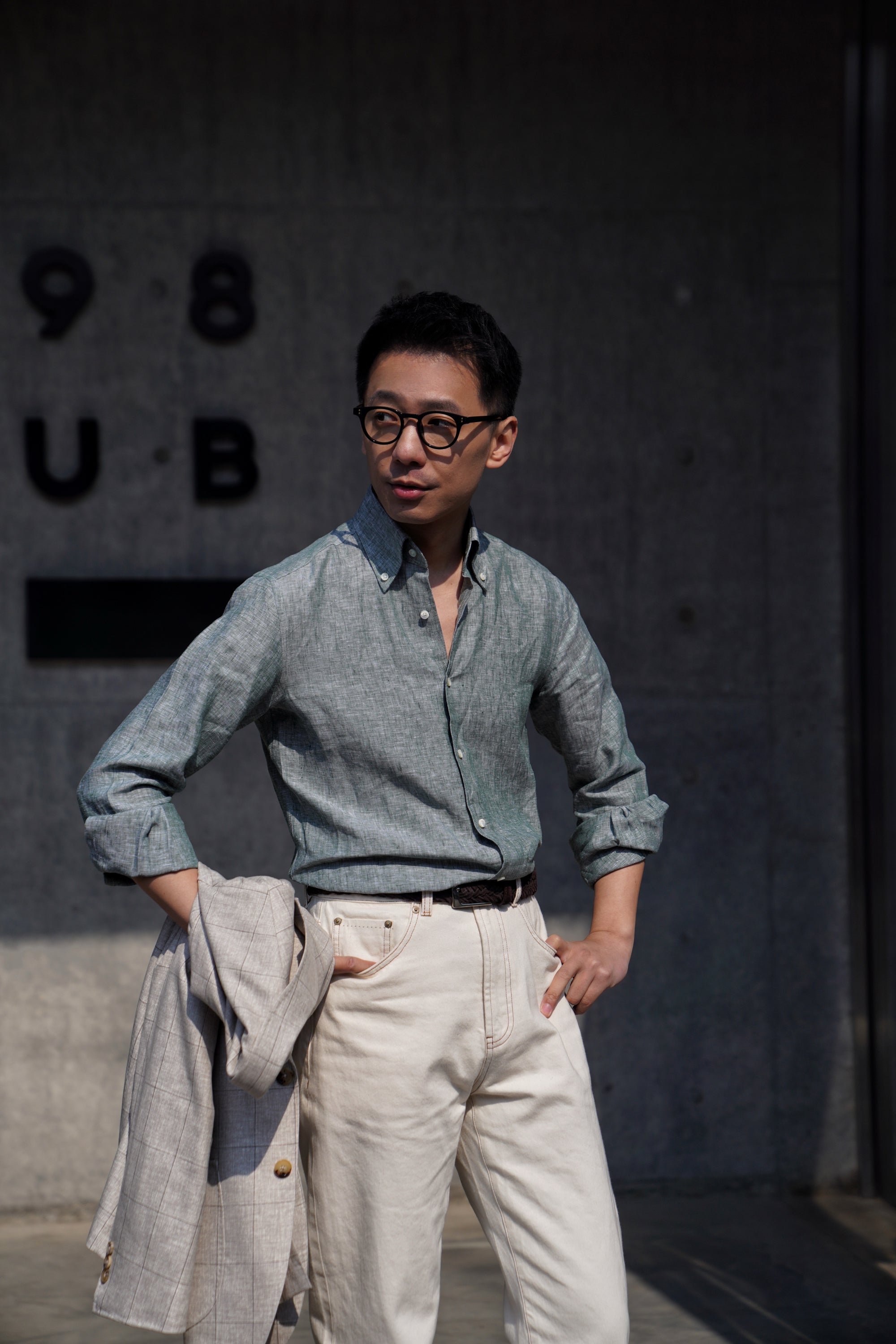 Pale Grey / Green Linen Shirt #XS10 #XS13