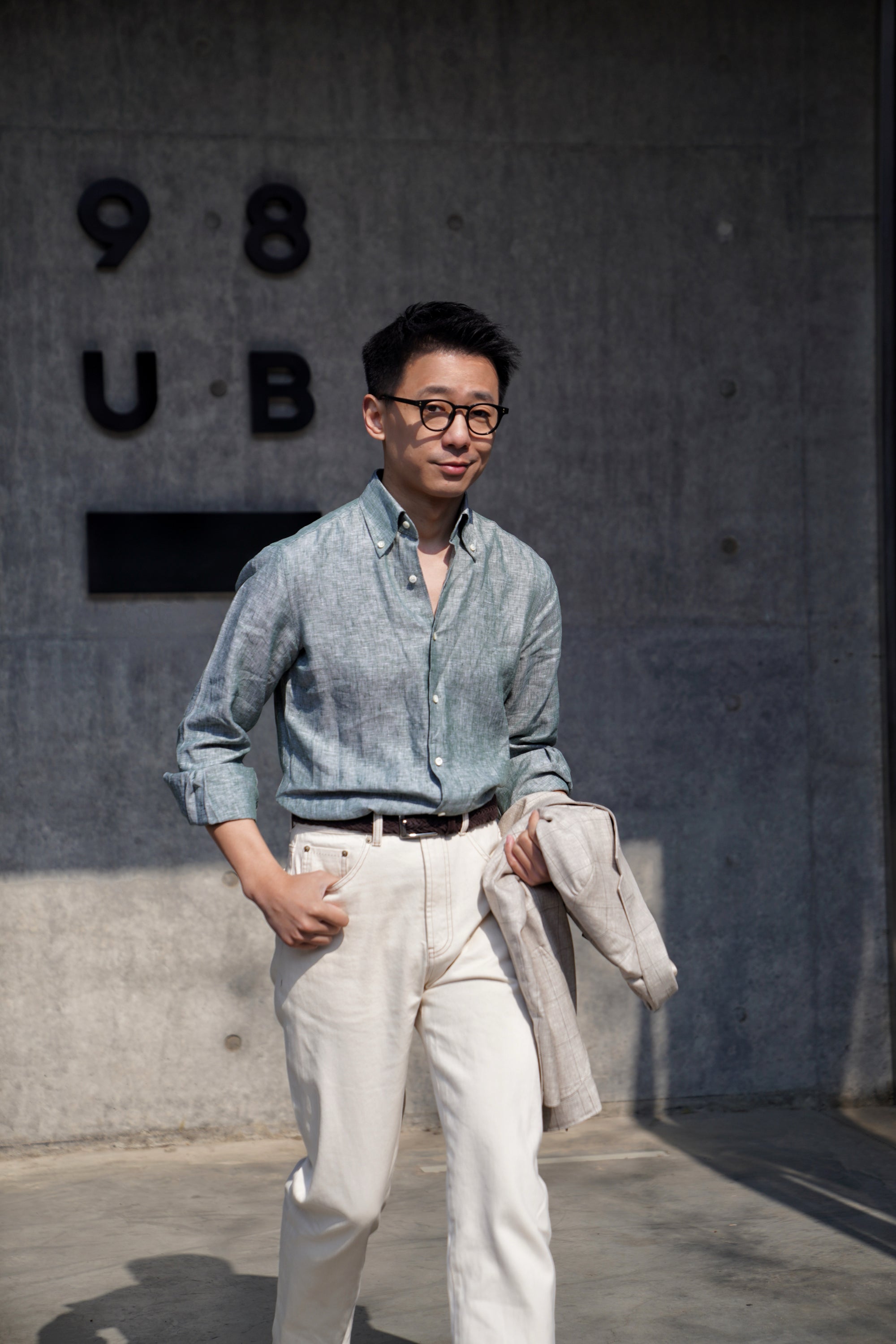 Pale Grey / Green Linen Shirt #XS10 #XS13