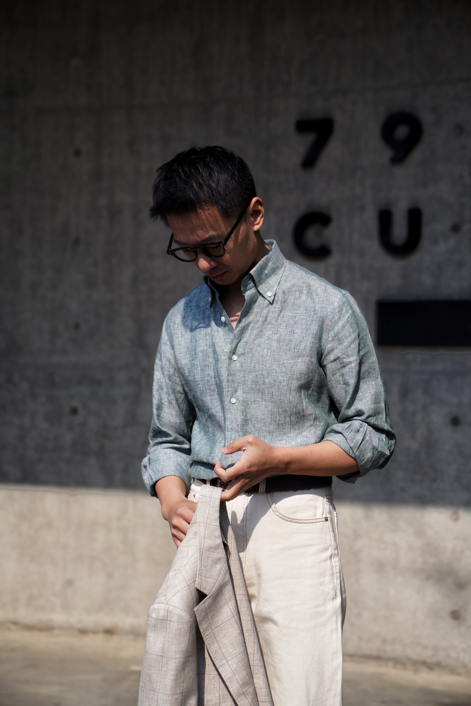 Pale Grey / Green Linen Shirt #XS10 #XS13
