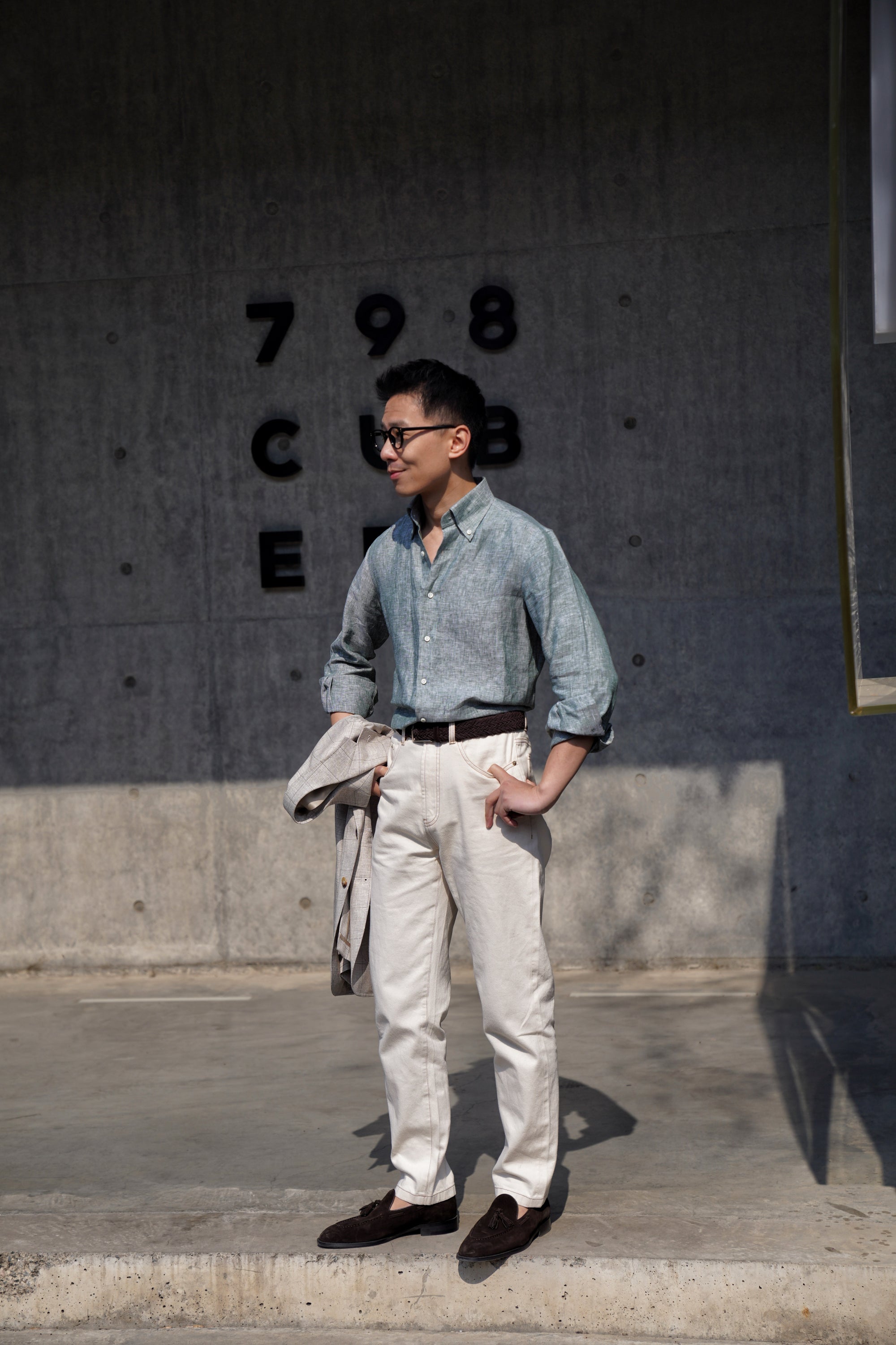Pale Grey / Green Linen Shirt #XS10 #XS13