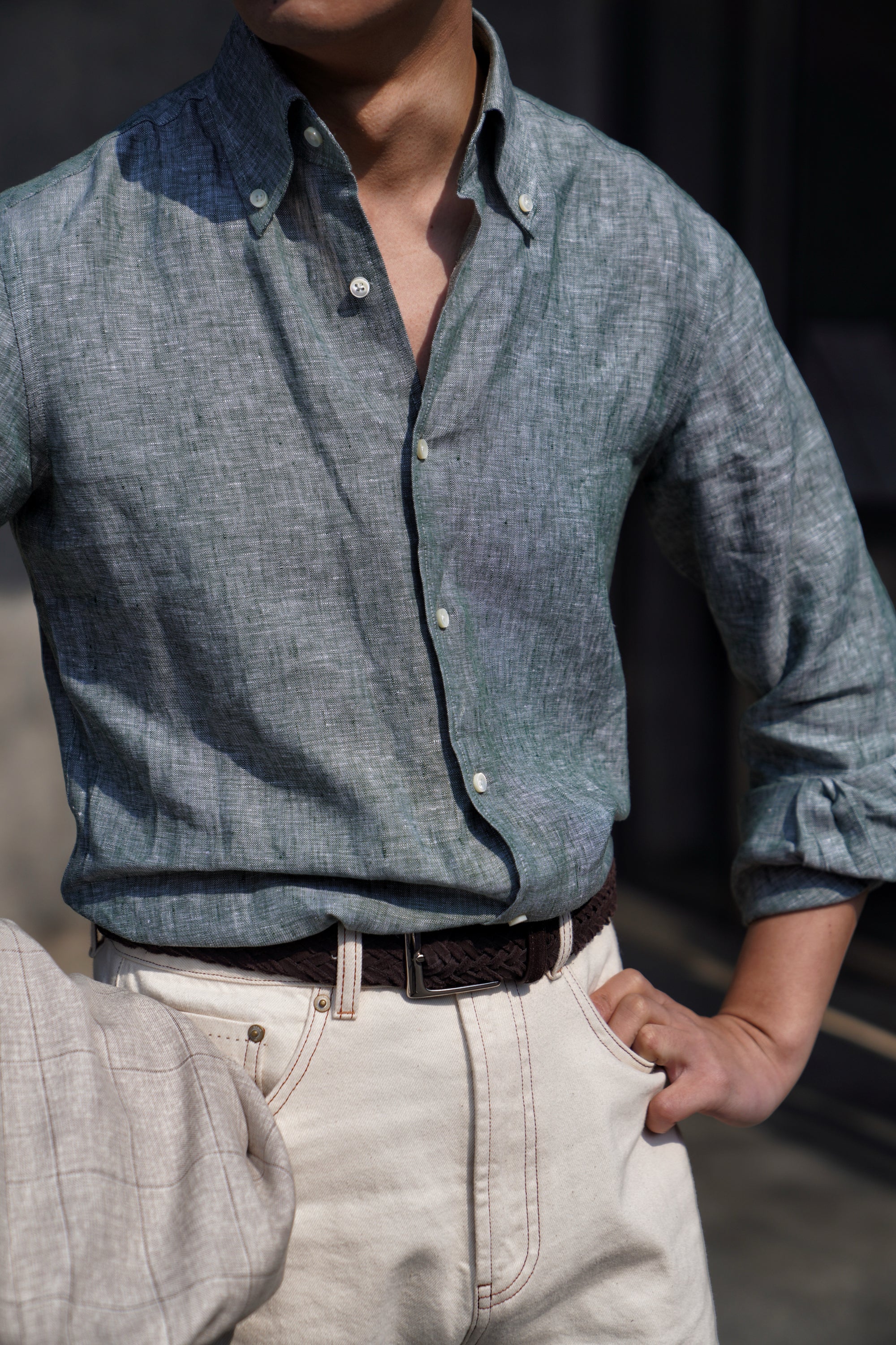 Pale Grey / Green Linen Shirt #XS10 #XS13