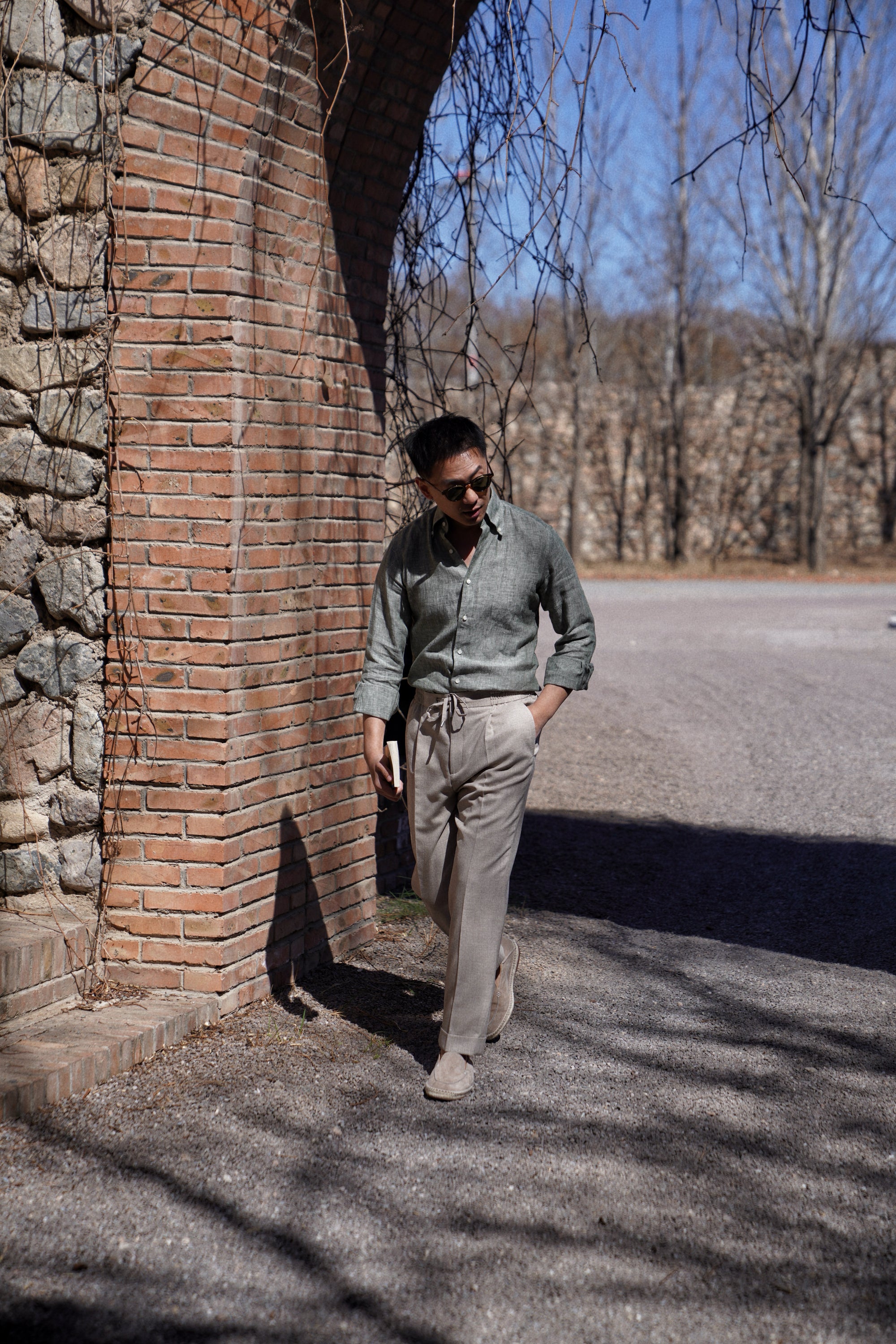Pale Grey / Green Linen Shirt #XS10 #XS13