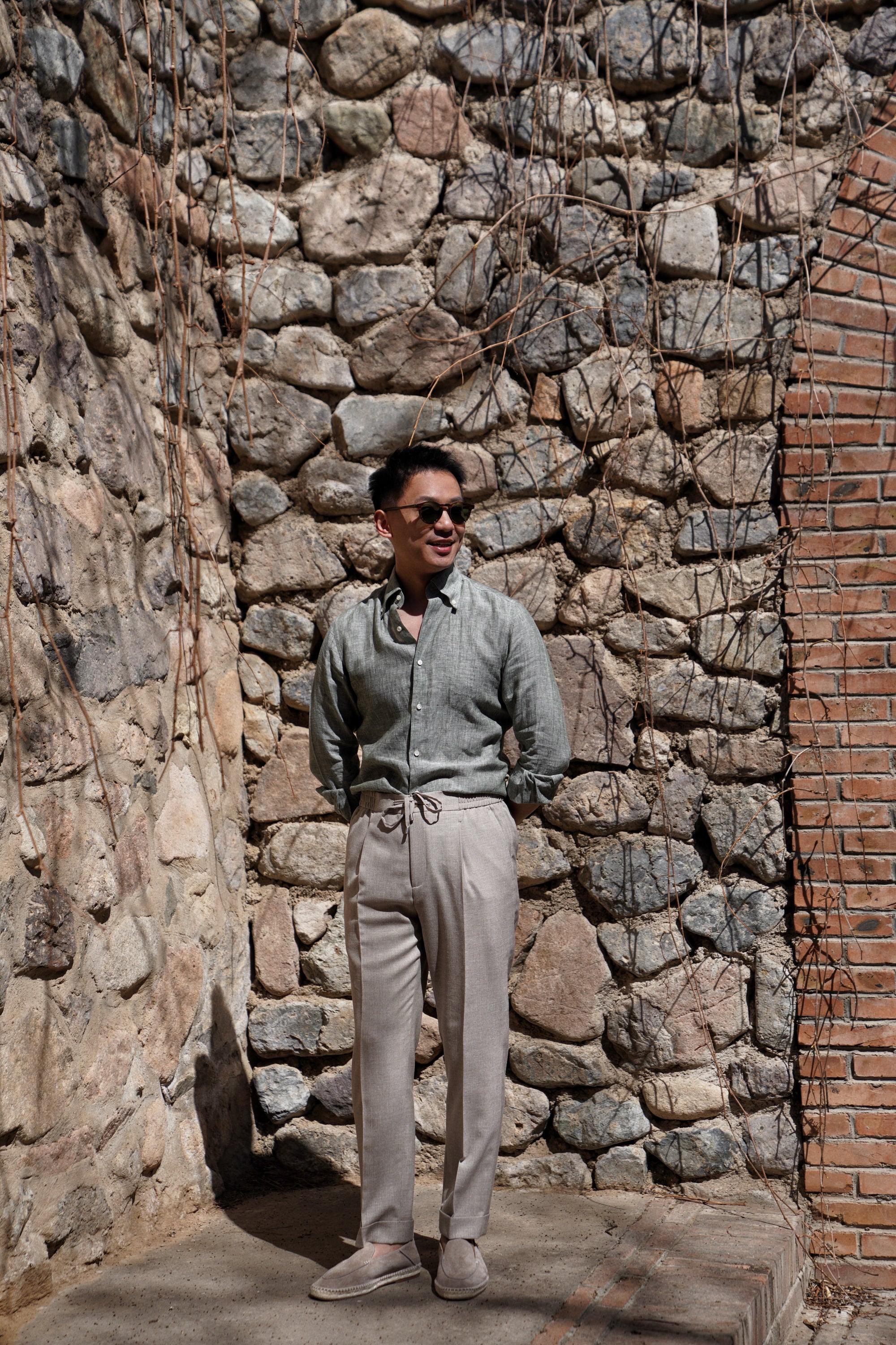 Pale Grey / Green Linen Shirt #XS10 #XS13