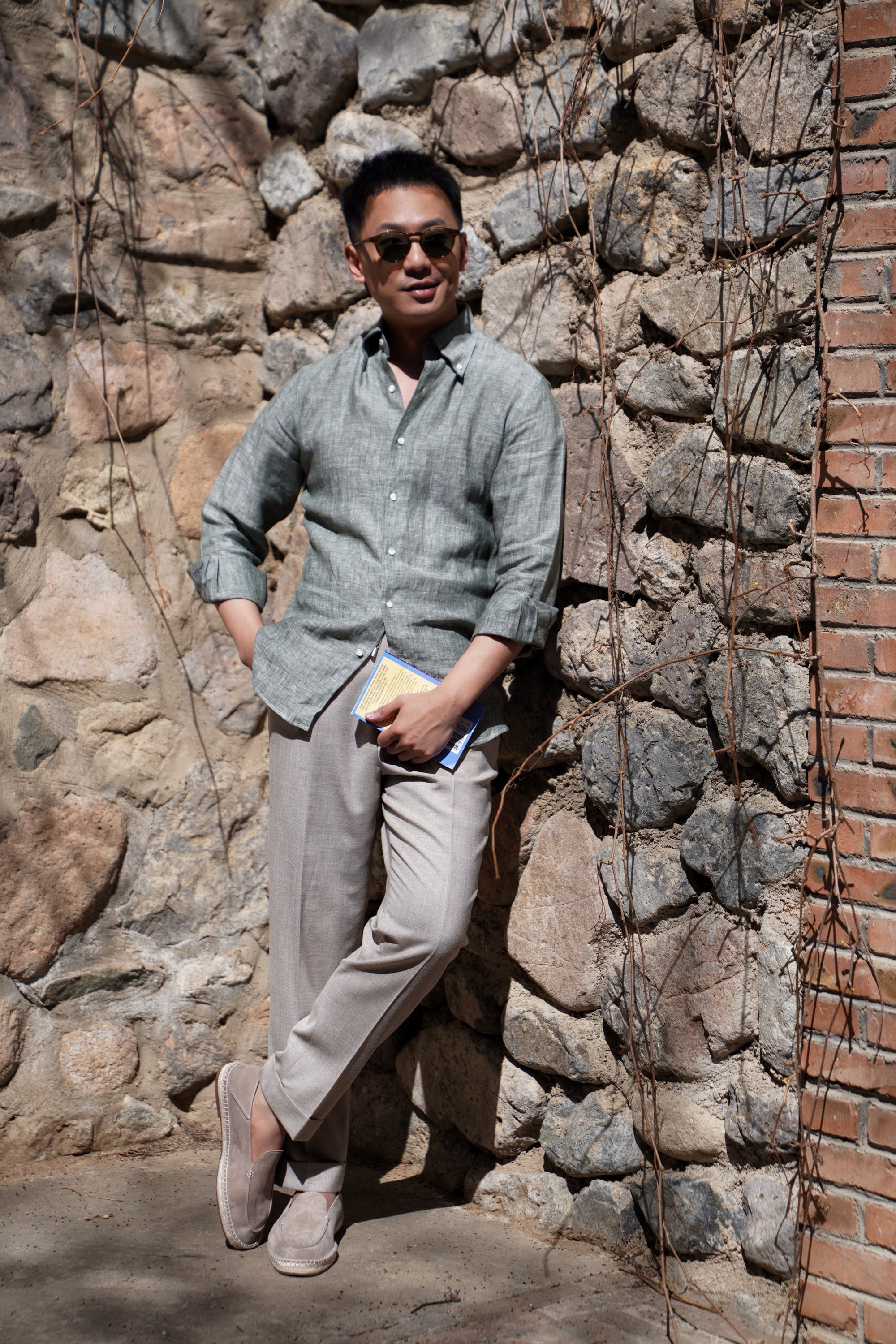 Pale Grey / Green Linen Shirt #XS10 #XS13