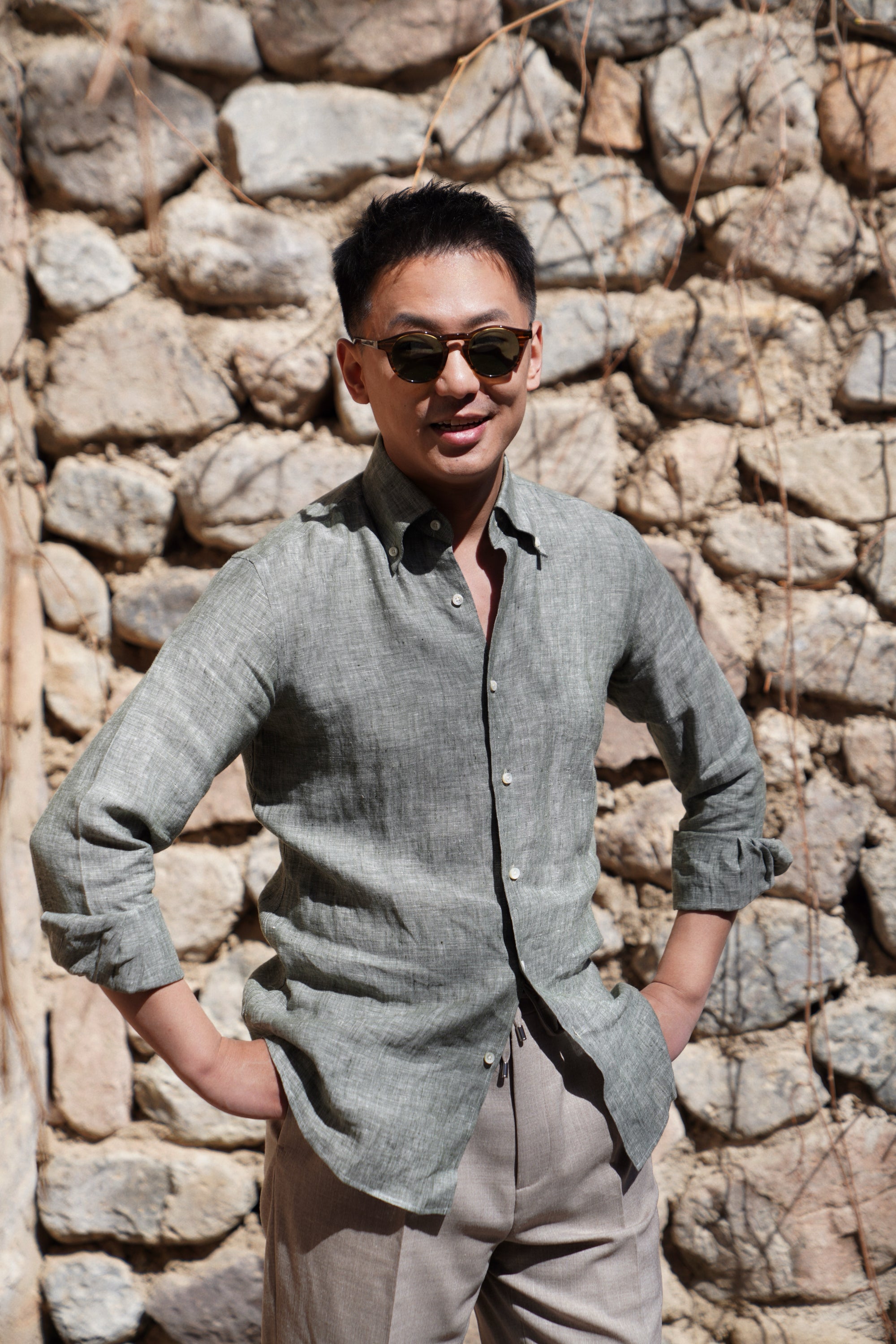Pale Grey / Green Linen Shirt #XS10 #XS13