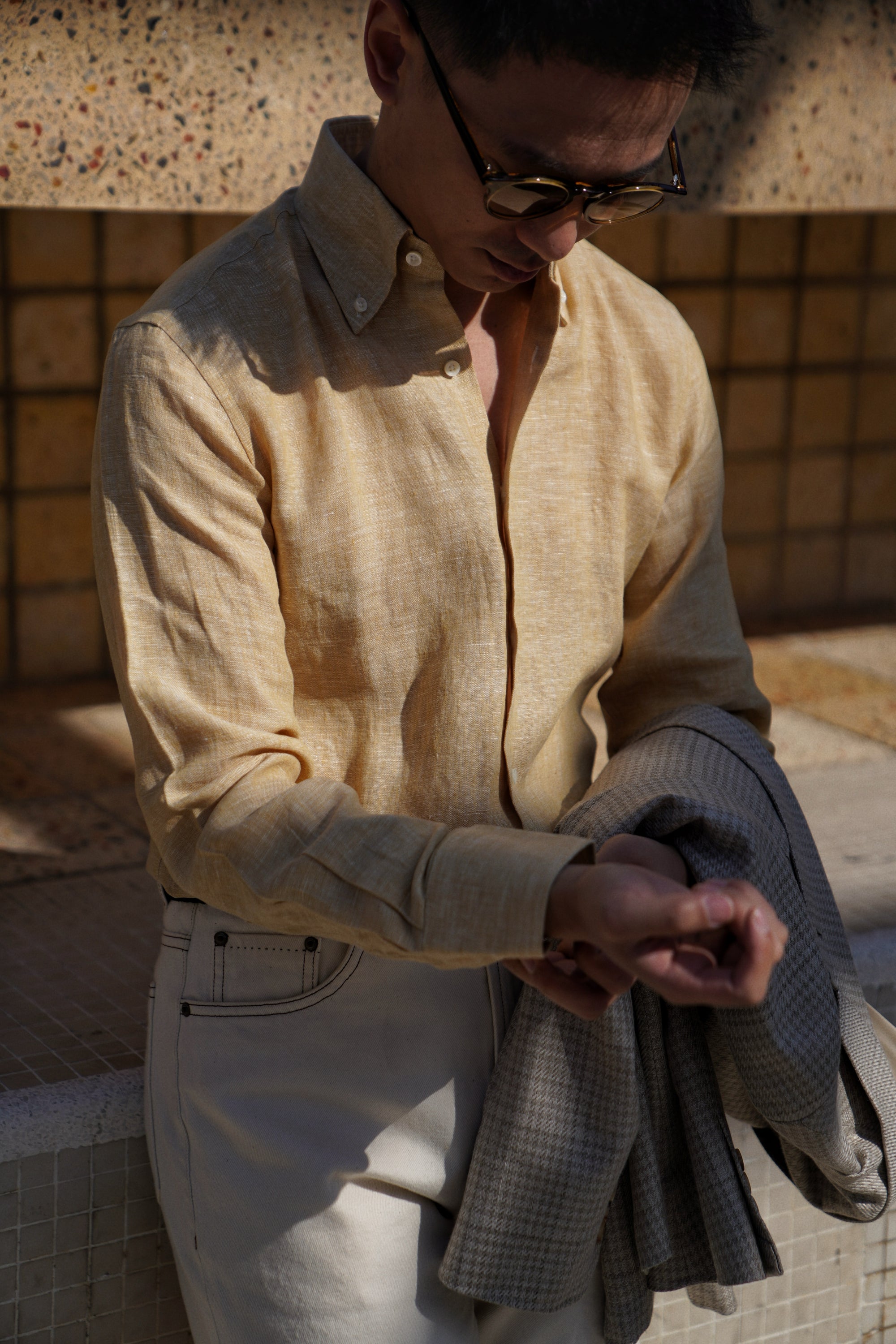 Chalky Pink / Florence Yellow Linen Shirt #XS8 #XS12
