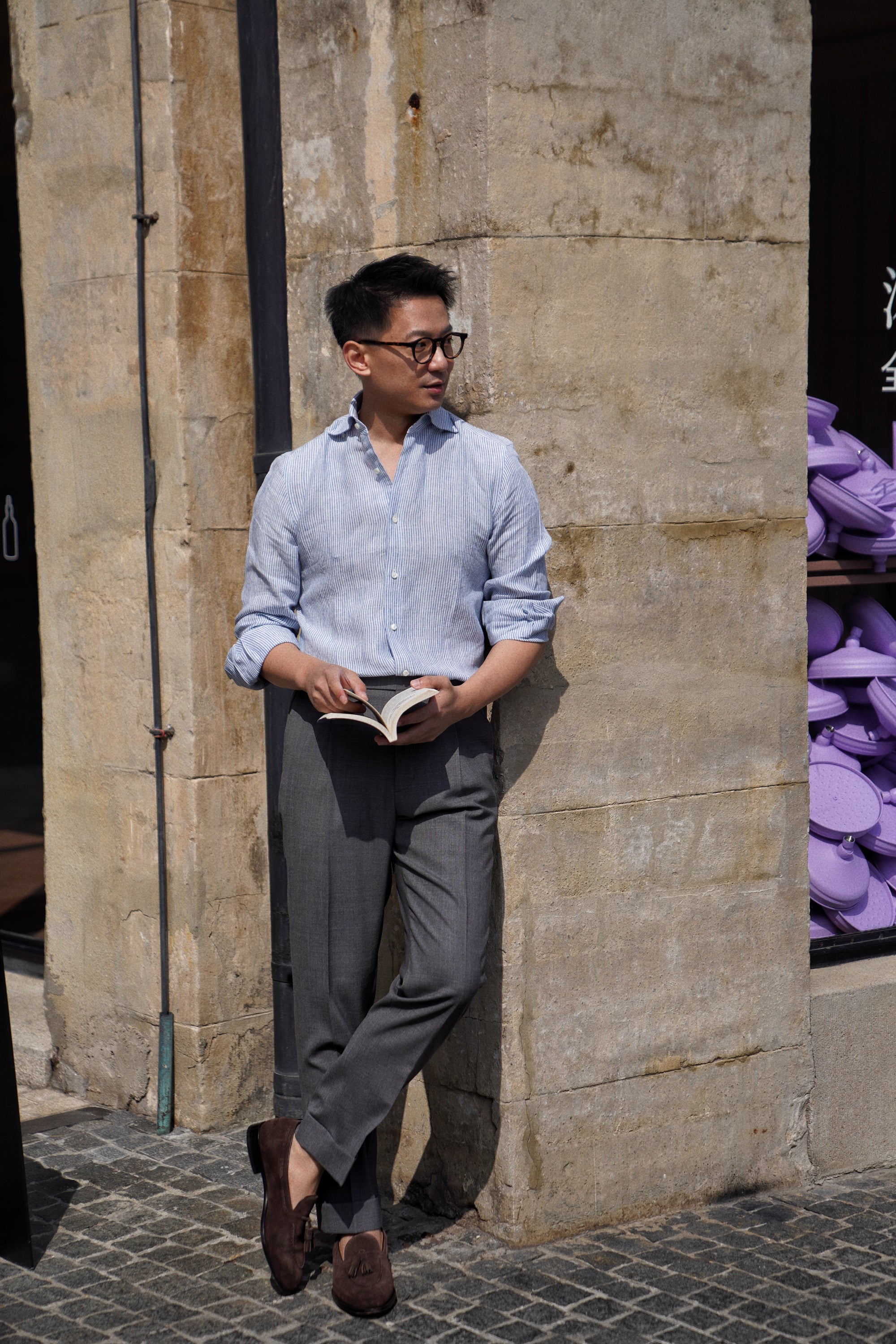 Burgundy Stripe / Blue Stripe Linen Shirt #XSDH25 #XSDH26