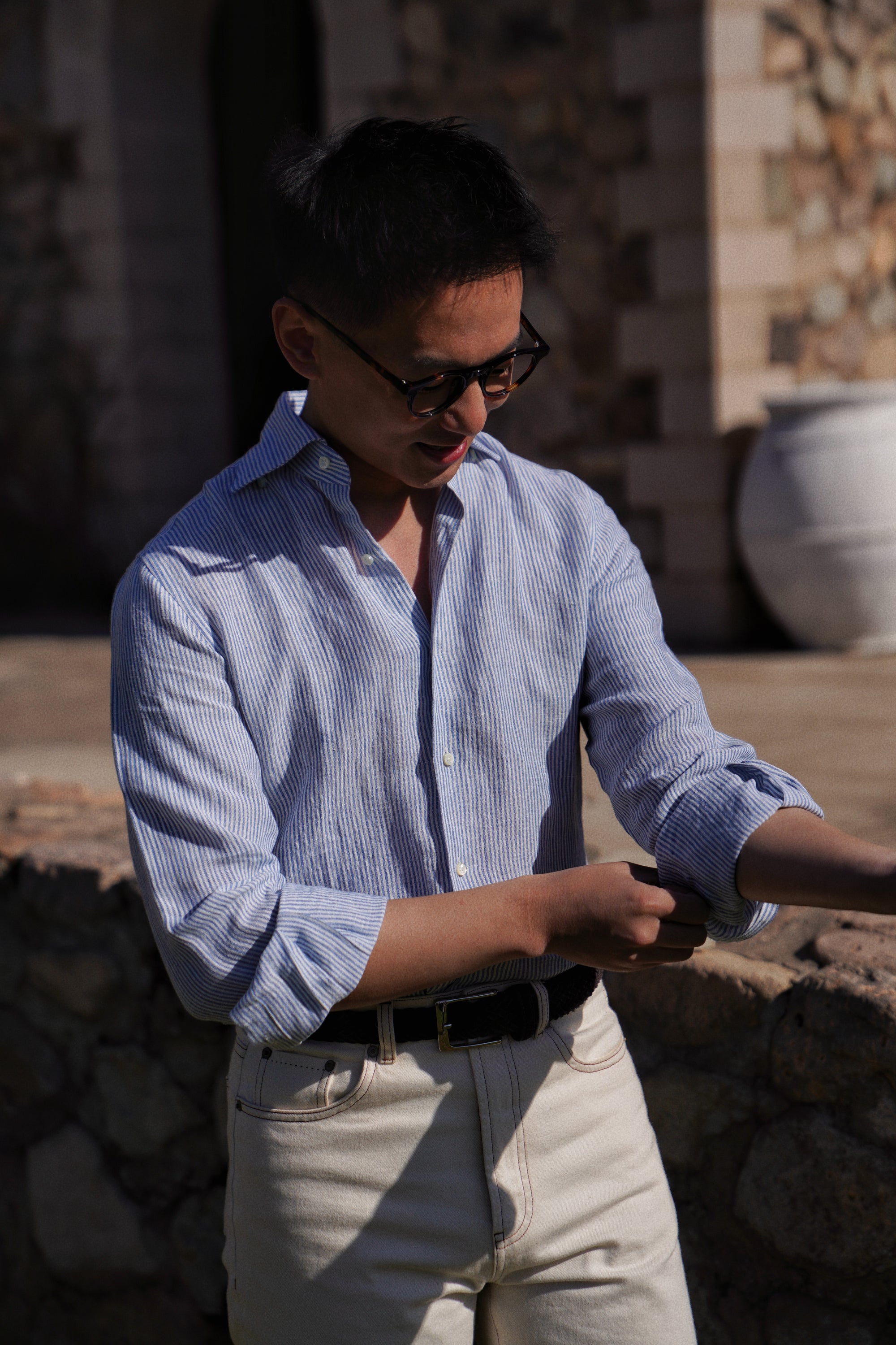 Burgundy Stripe / Blue Stripe Linen Shirt #XSDH25 #XSDH26