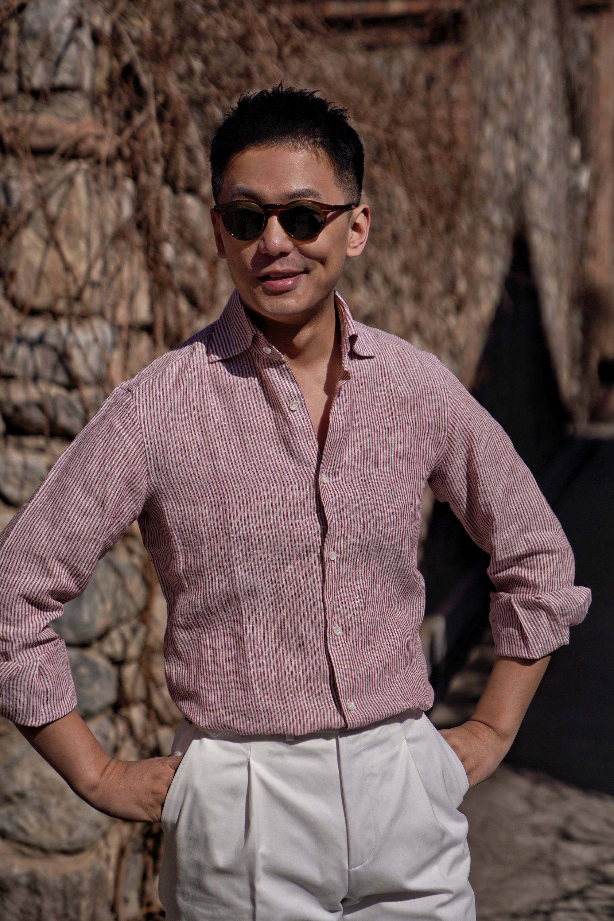 Burgundy Stripe / Blue Stripe Linen Shirt #XSDH25 #XSDH26
