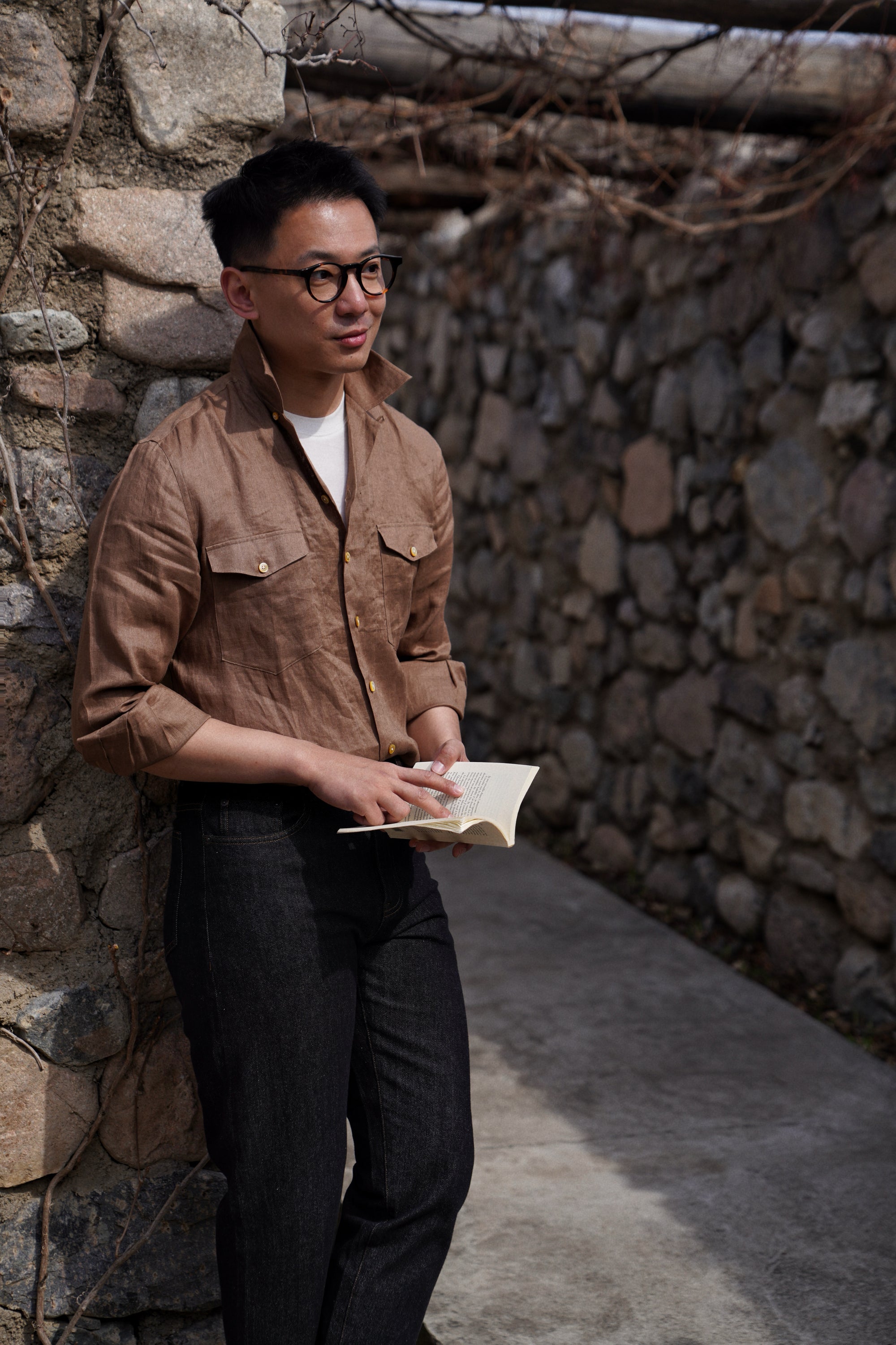 Light Tobacco Cuban Collar Linen Shirt #XS41