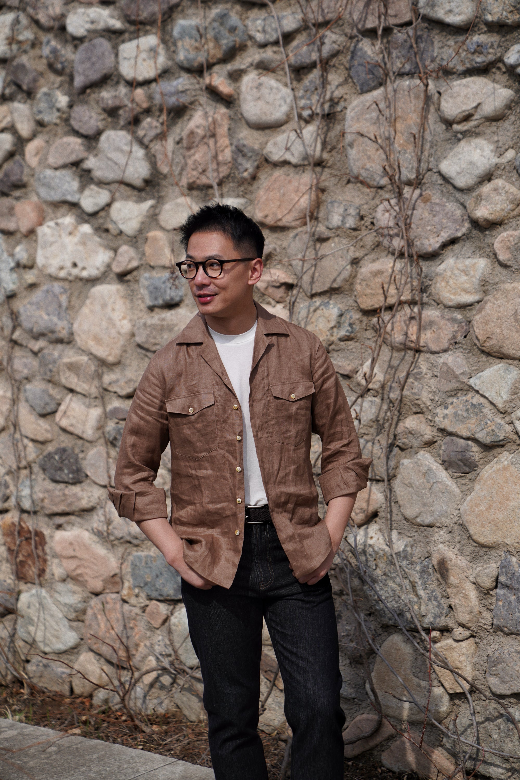 Light Tobacco Cuban Collar Linen Shirt #XS41