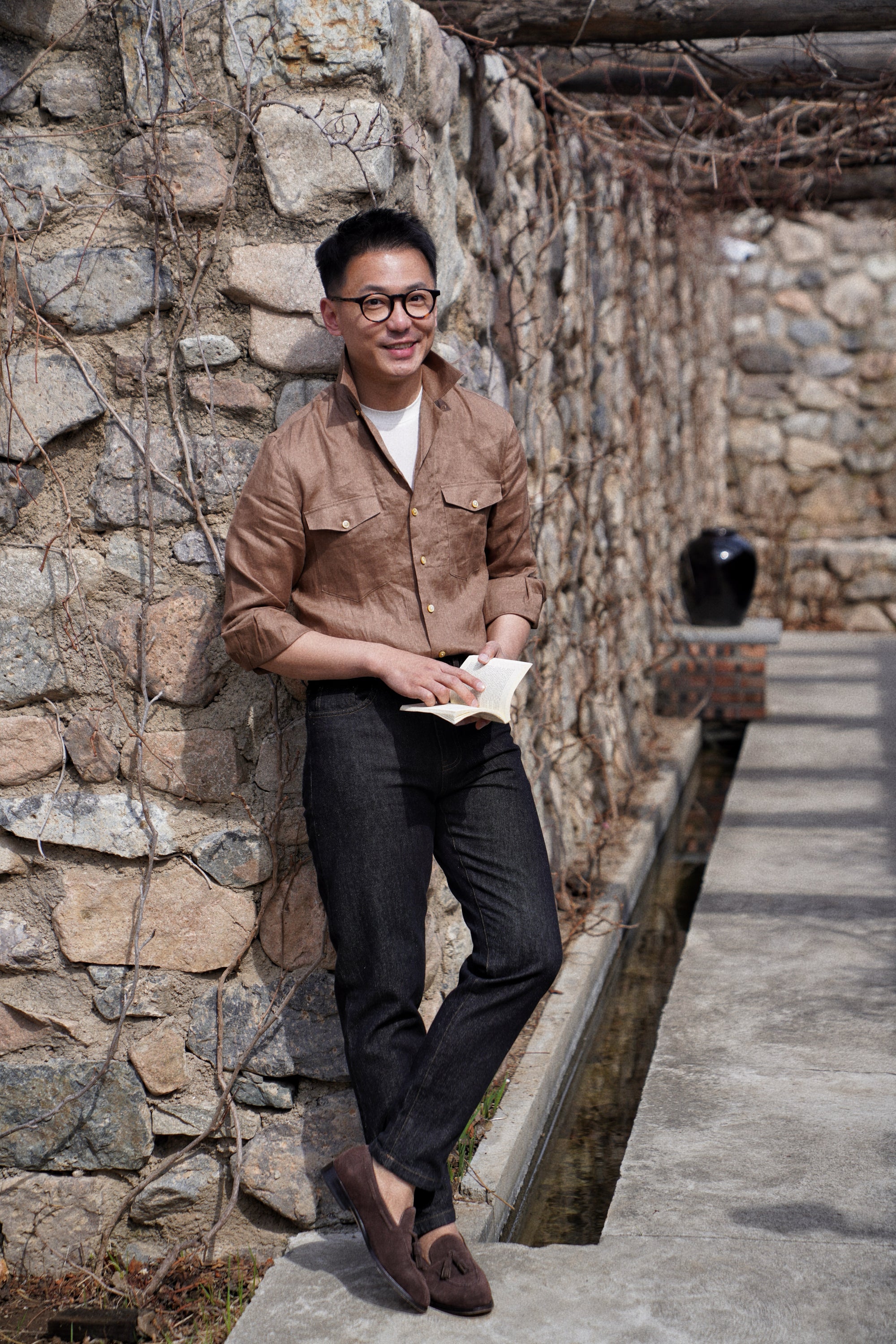 Light Tobacco Cuban Collar Linen Shirt #XS41