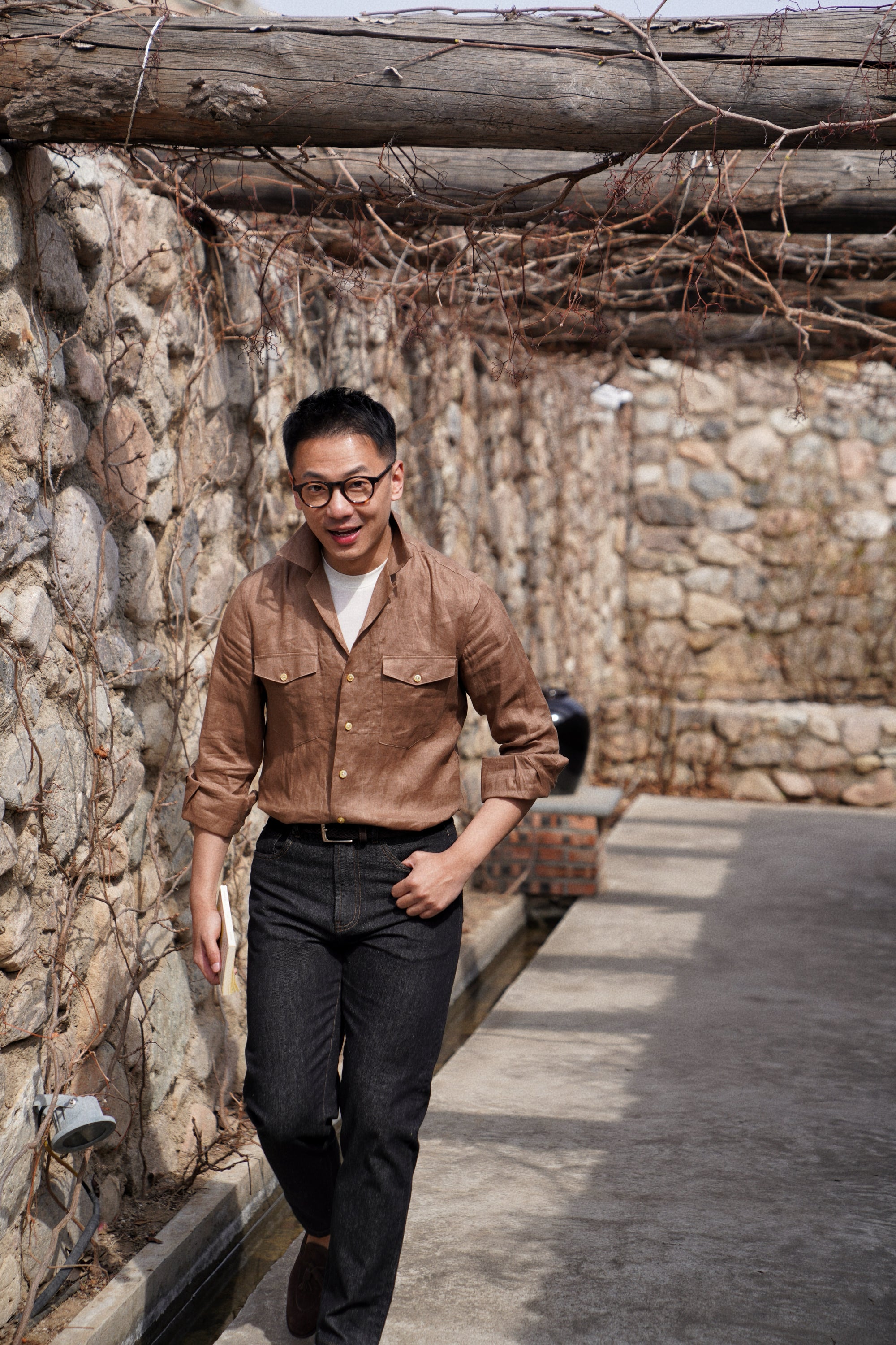 Light Tobacco Cuban Collar Linen Shirt #XS41