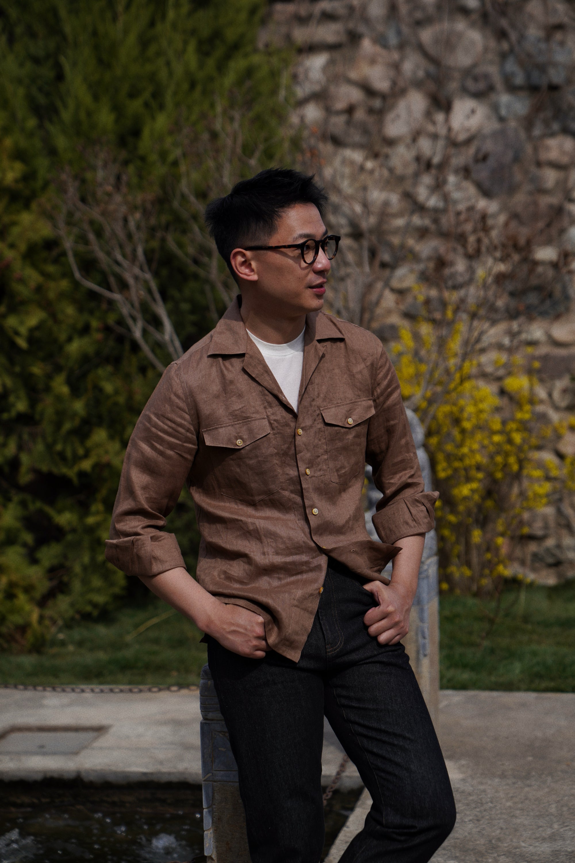 Light Tobacco Cuban Collar Linen Shirt #XS41