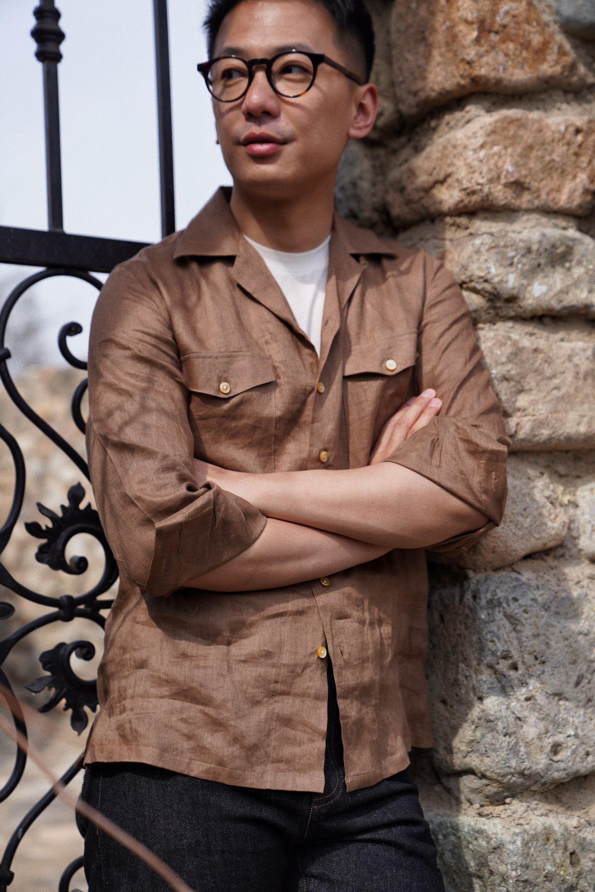Light Tobacco Cuban Collar Linen Shirt #XS41