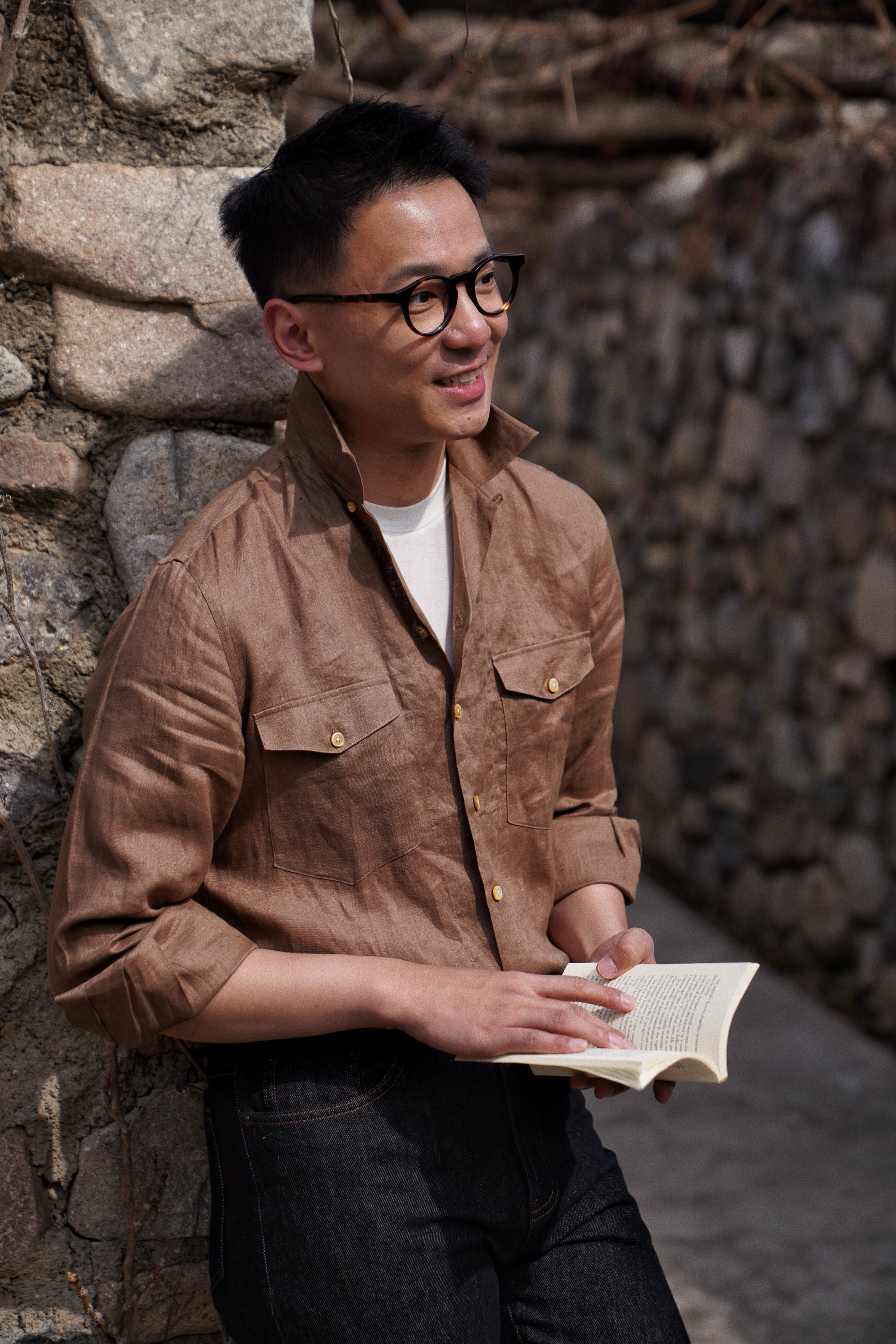 Light Tobacco Cuban Collar Linen Shirt #XS41