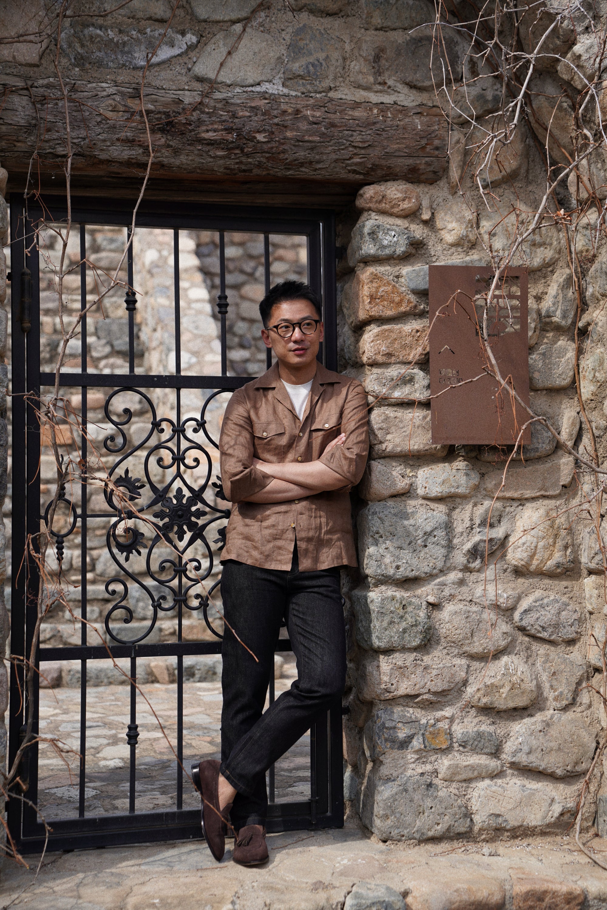Light Tobacco Cuban Collar Linen Shirt #XS41