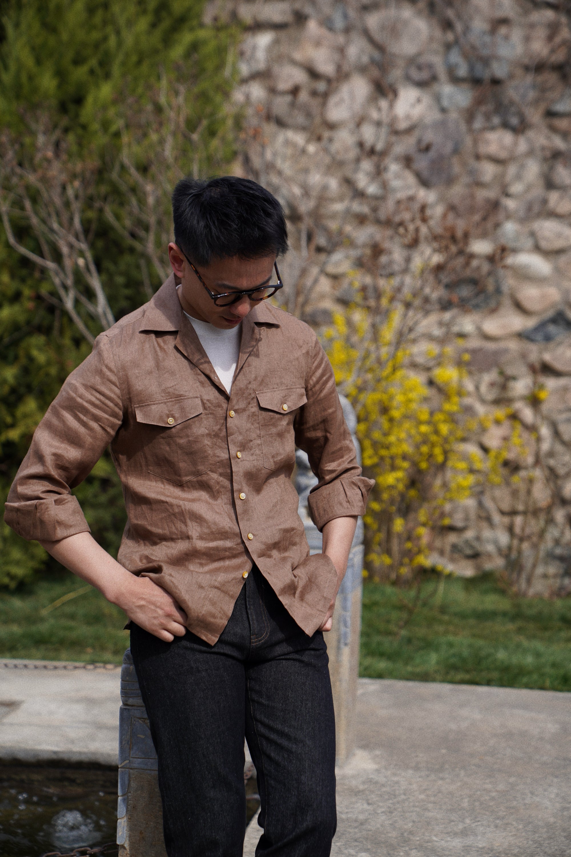 Light Tobacco Cuban Collar Linen Shirt #XS41