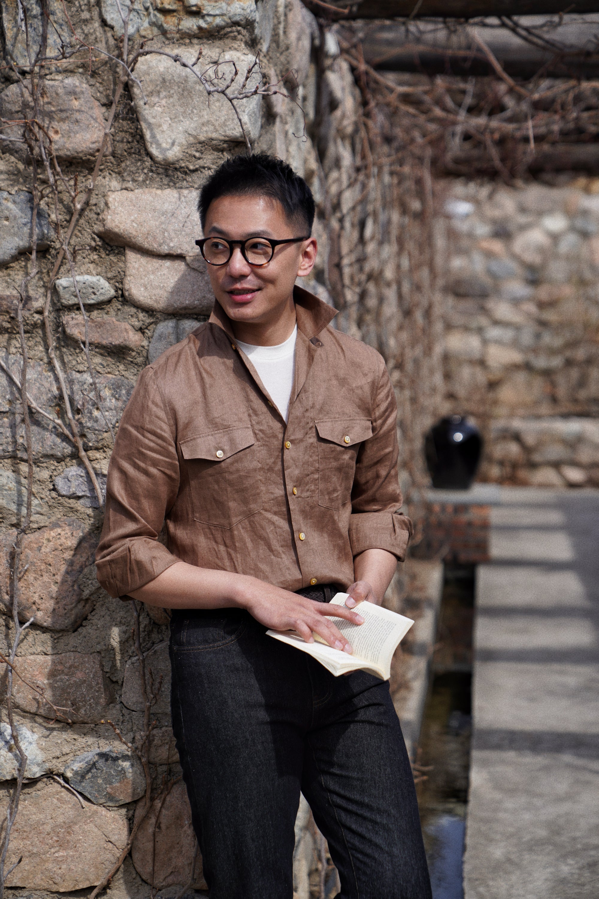 Light Tobacco Cuban Collar Linen Shirt #XS41