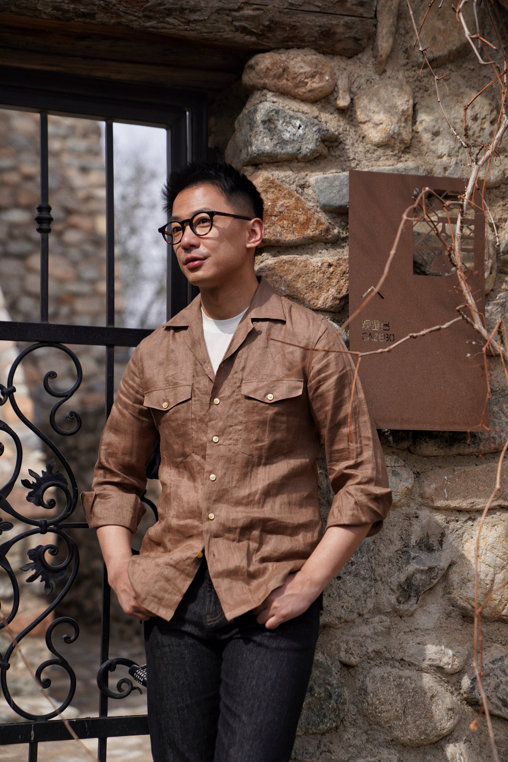Light Tobacco Cuban Collar Linen Shirt #XS41
