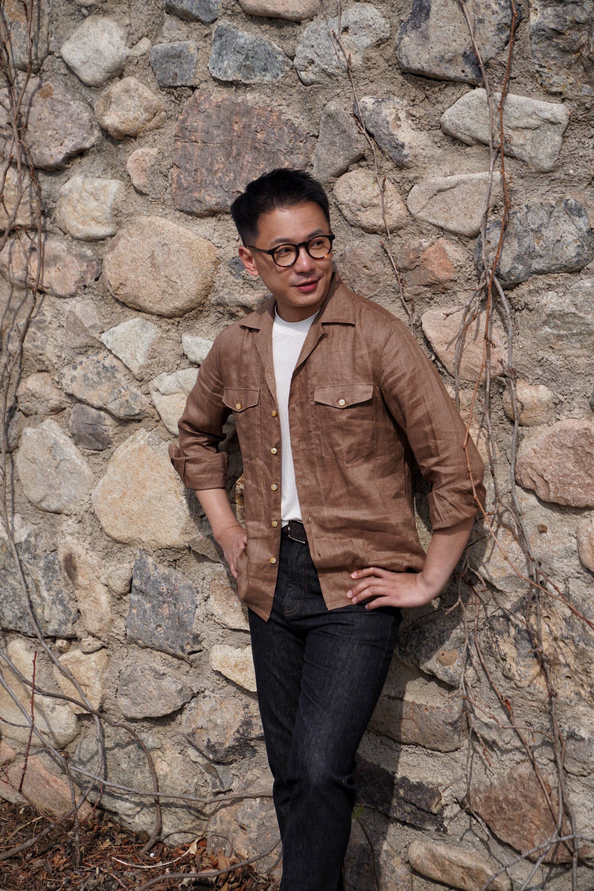 Light Tobacco Cuban Collar Linen Shirt #XS41