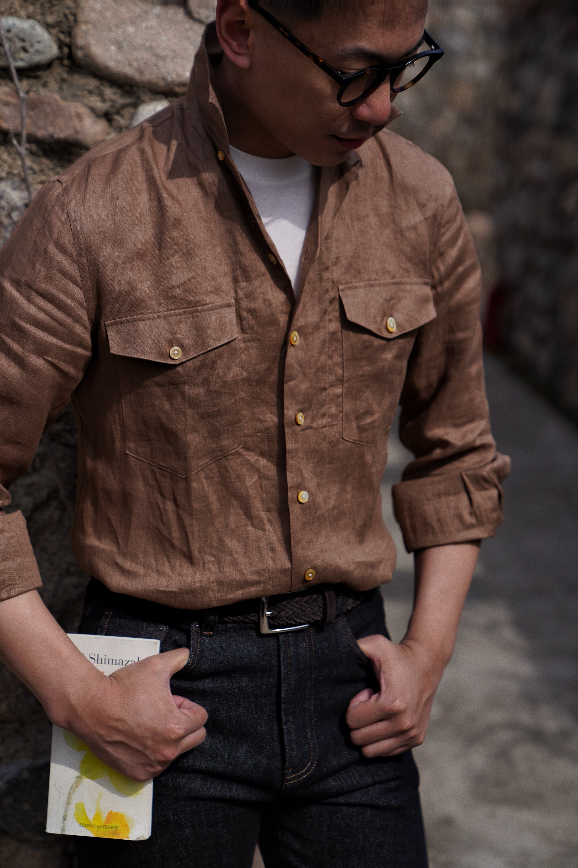 Light Tobacco Cuban Collar Linen Shirt #XS41