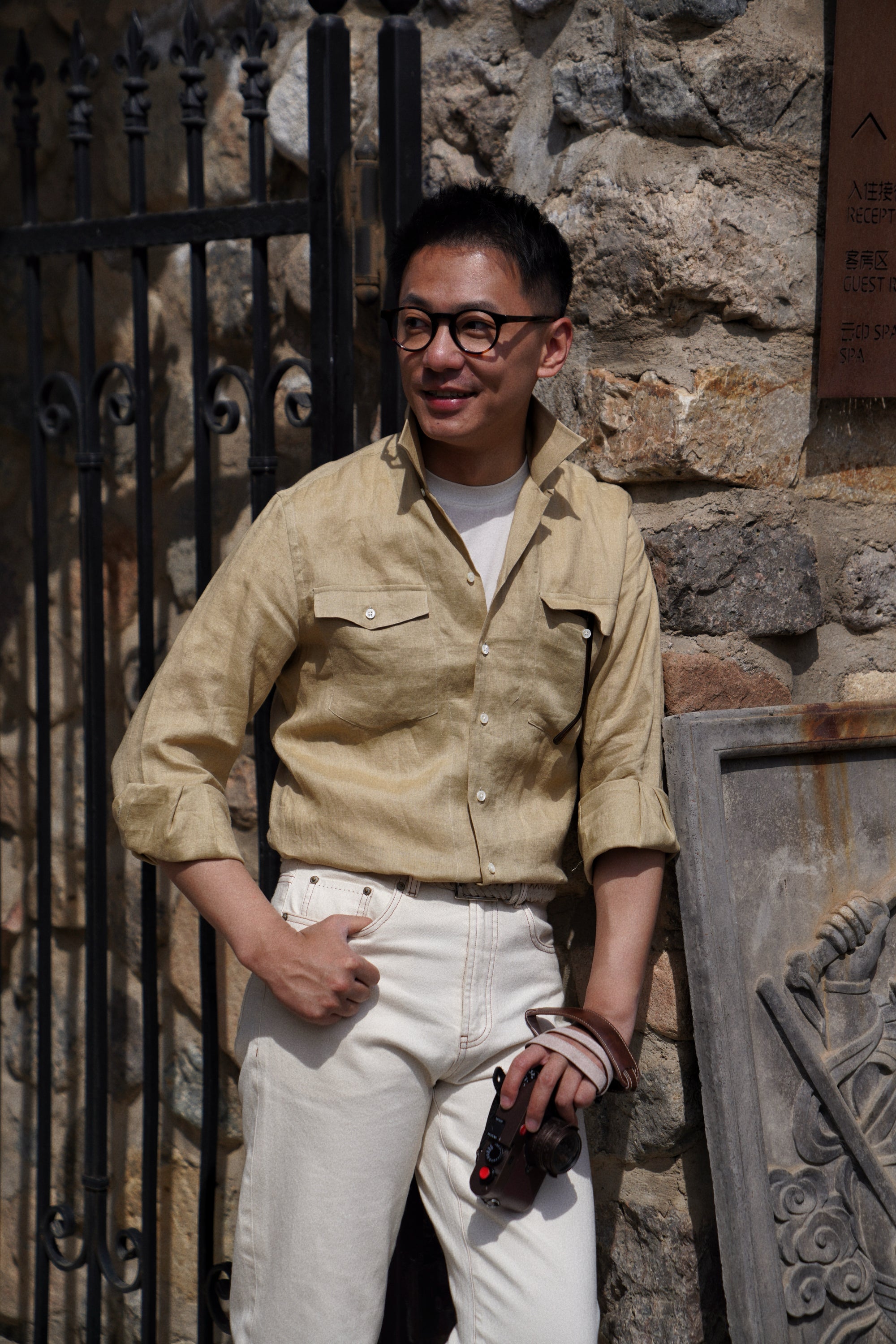 Olive Cuban Collar Linen Shirt #XS42
