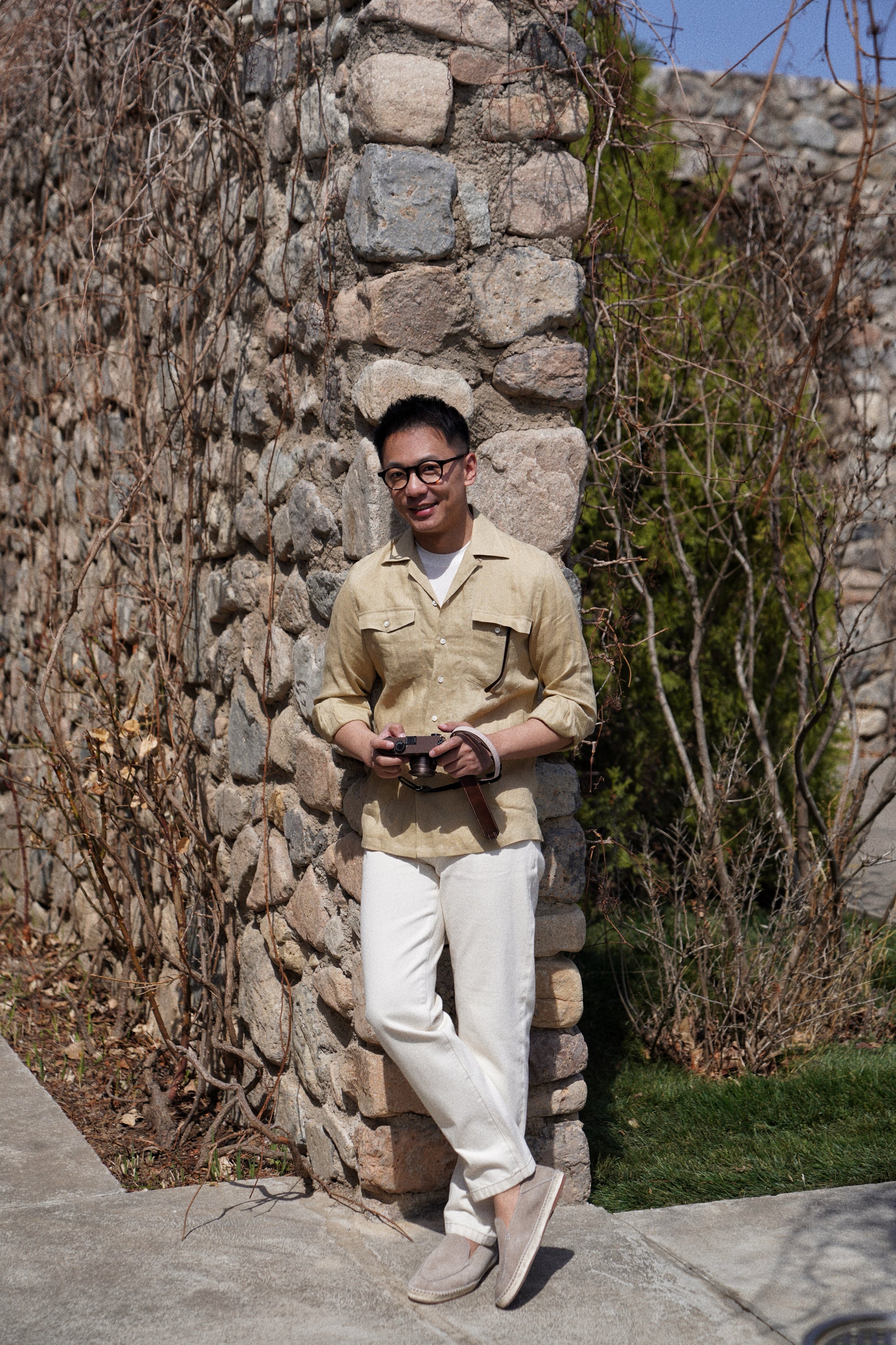 Olive Cuban Collar Linen Shirt #XS42