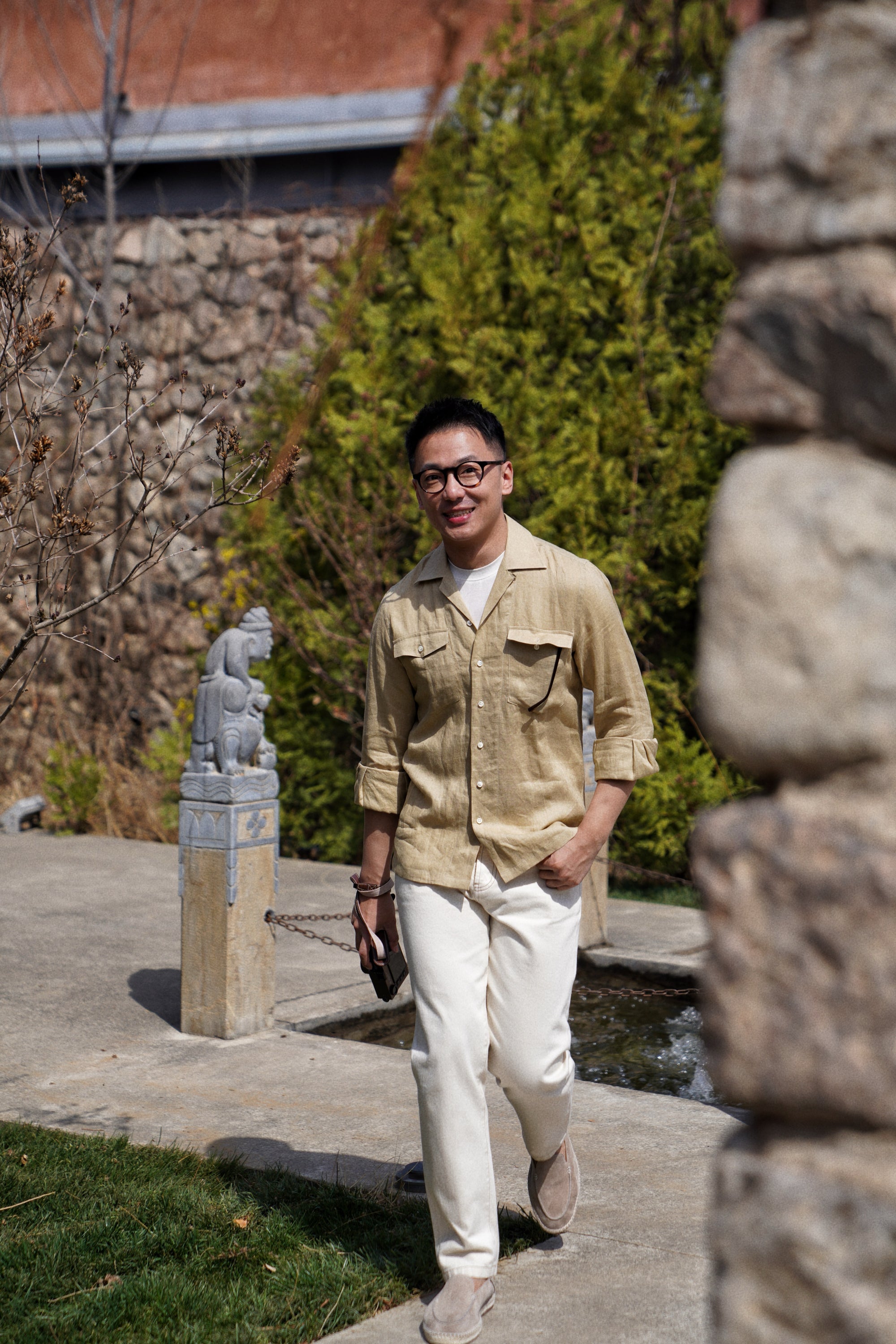 Olive Cuban Collar Linen Shirt #XS42