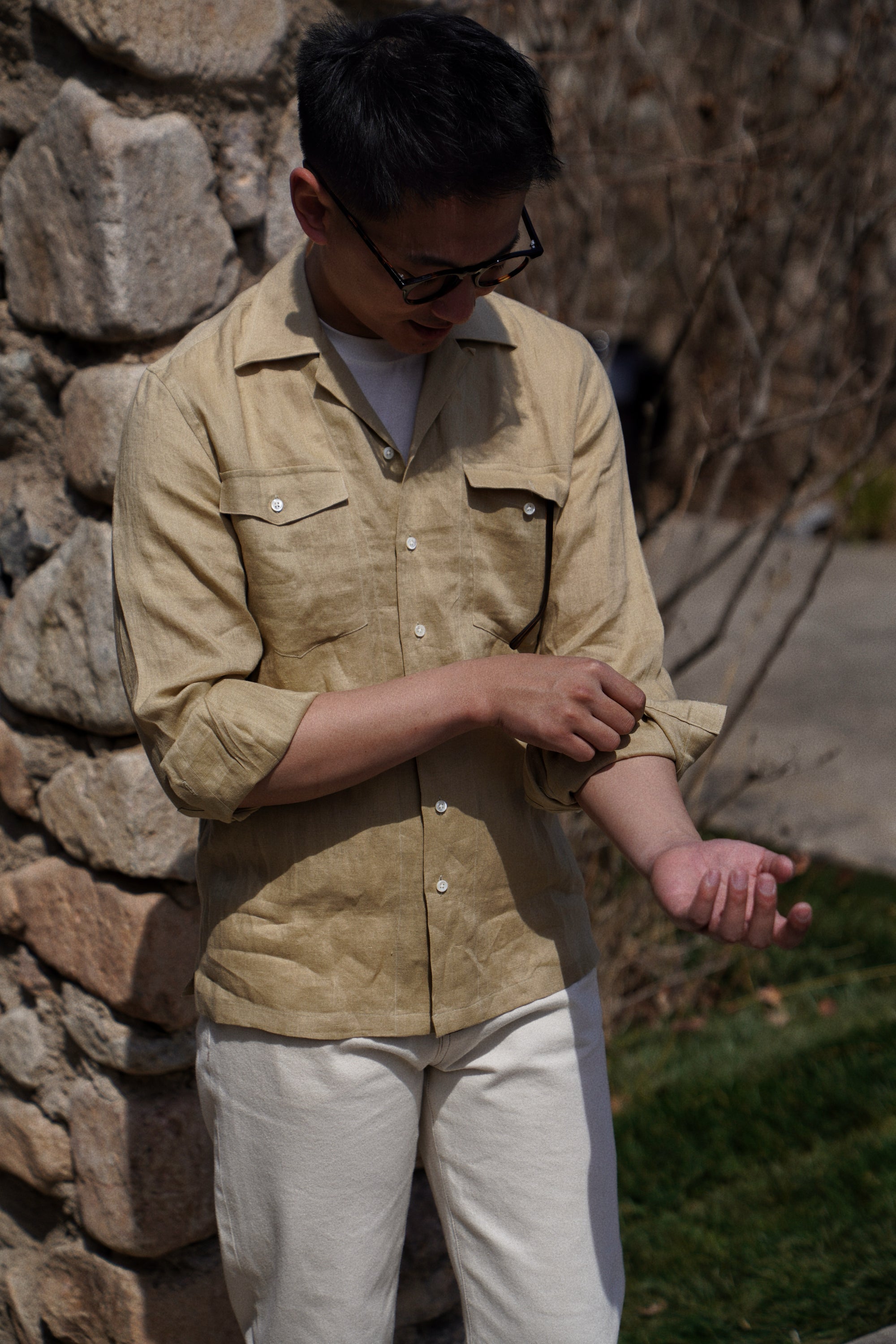 Olive Cuban Collar Linen Shirt #XS42