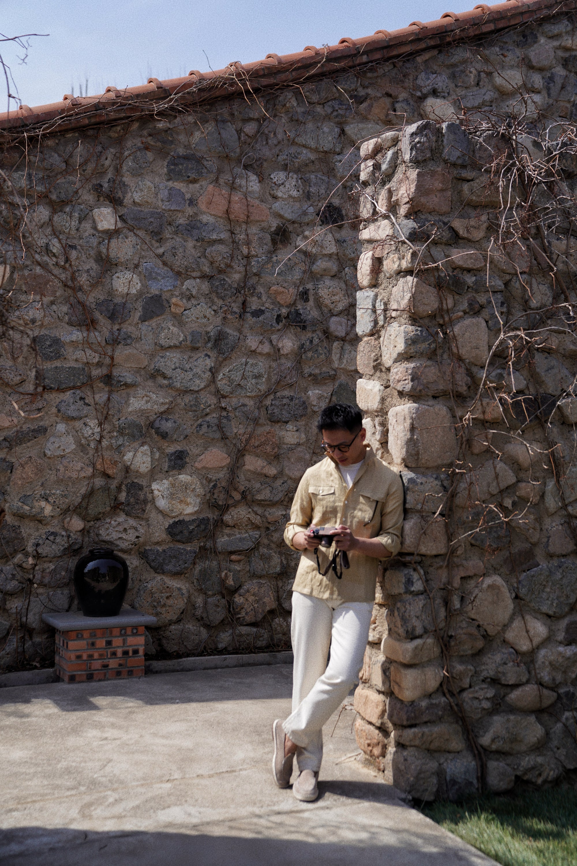 Olive Cuban Collar Linen Shirt #XS42