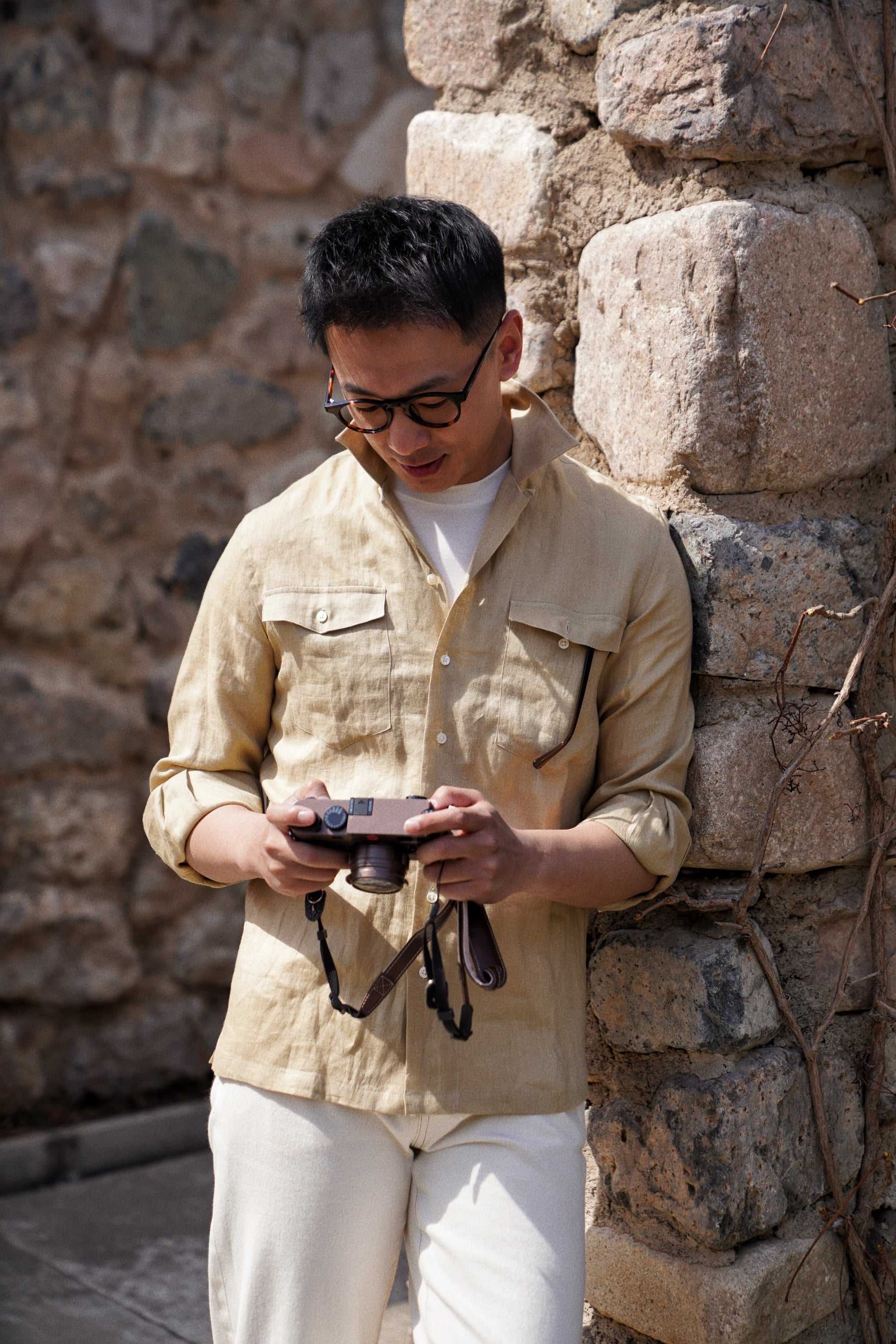 Olive Cuban Collar Linen Shirt #XS42