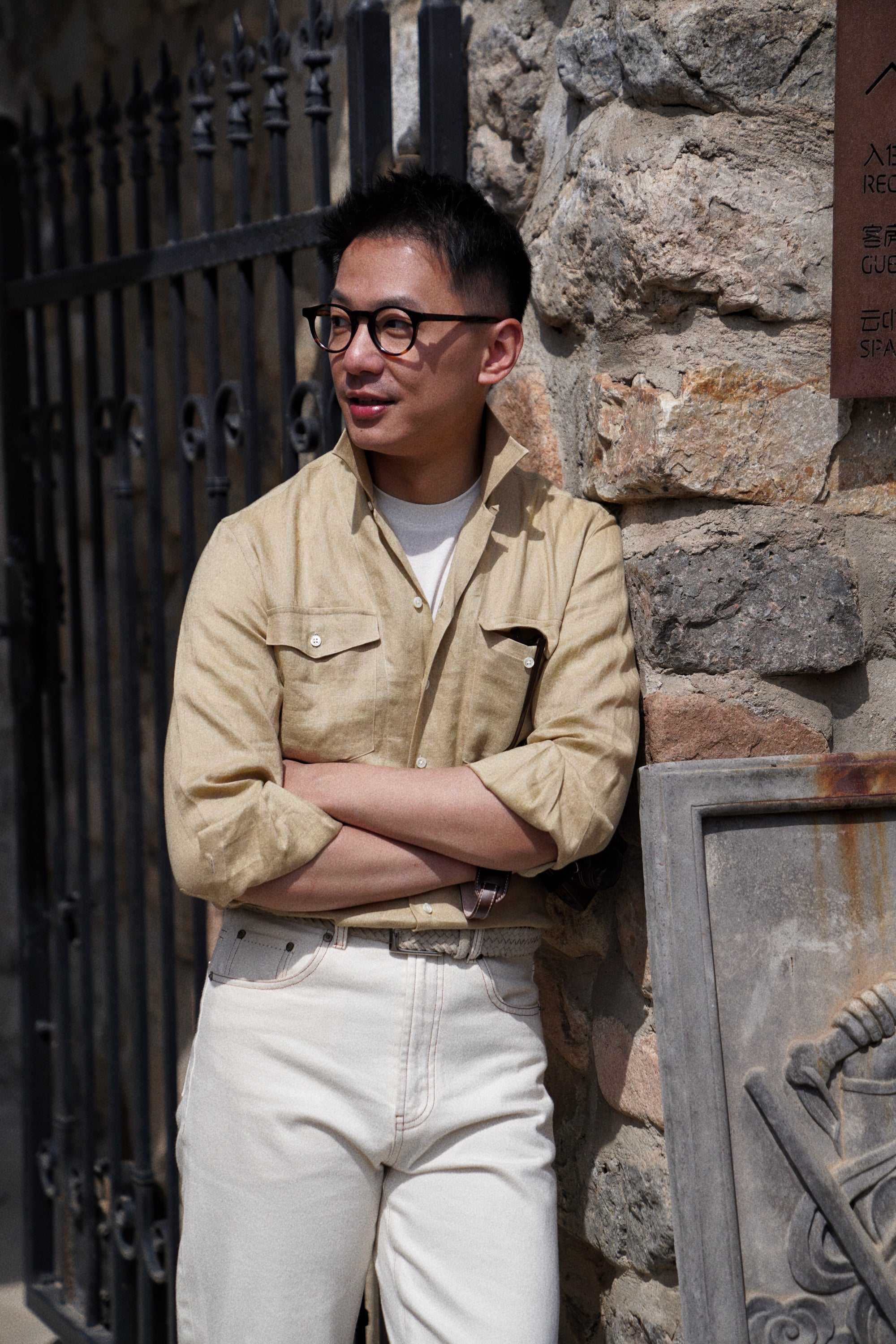 Olive Cuban Collar Linen Shirt #XS42