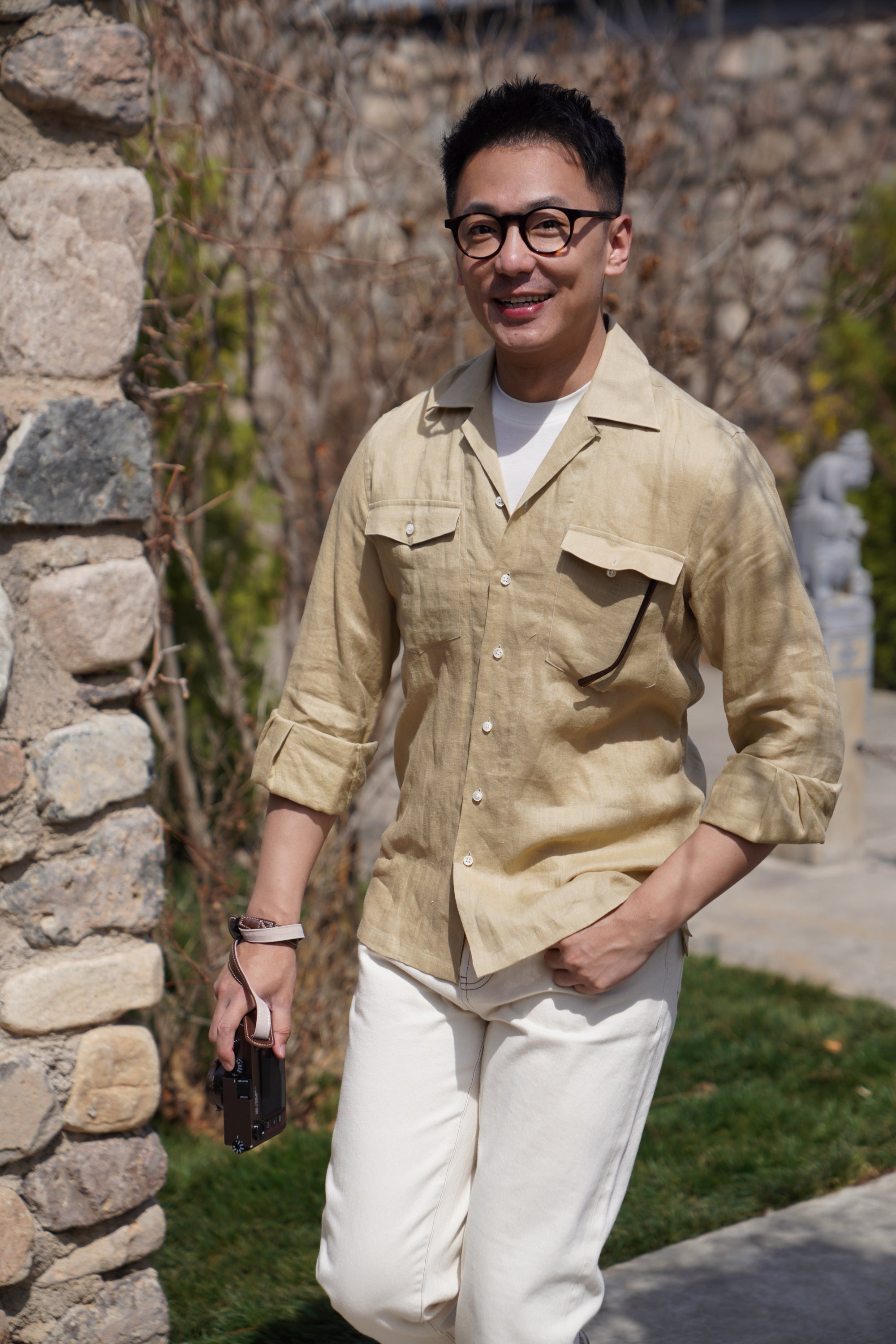 Olive Cuban Collar Linen Shirt #XS42