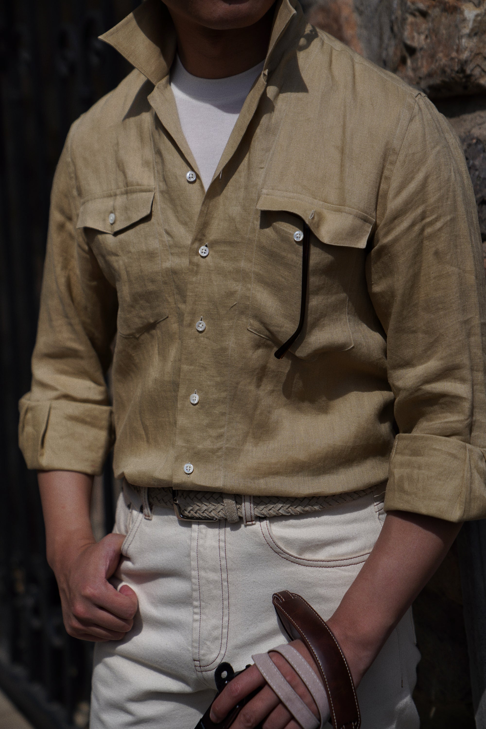 Olive Cuban Collar Linen Shirt #XS42
