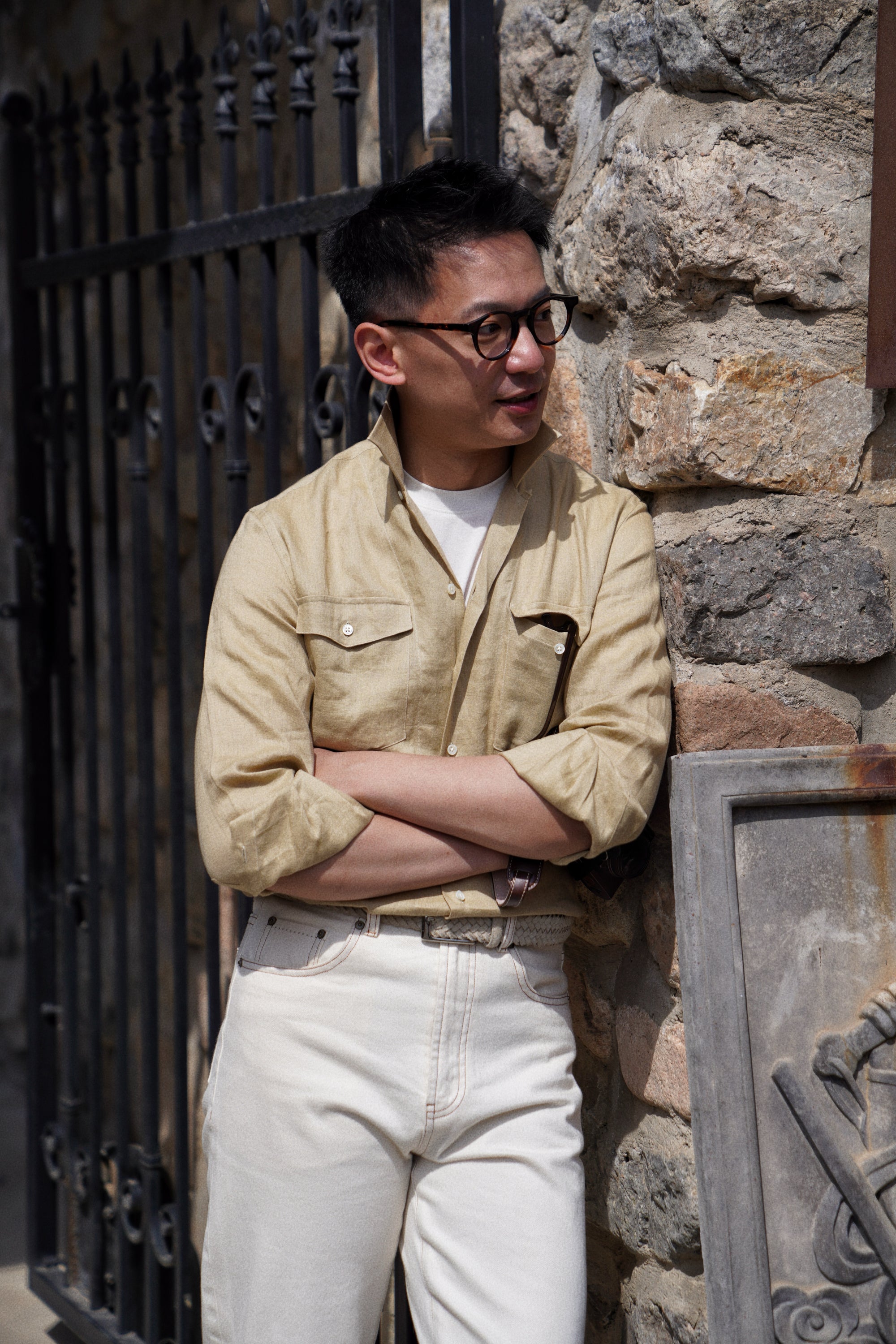 Olive Cuban Collar Linen Shirt #XS42