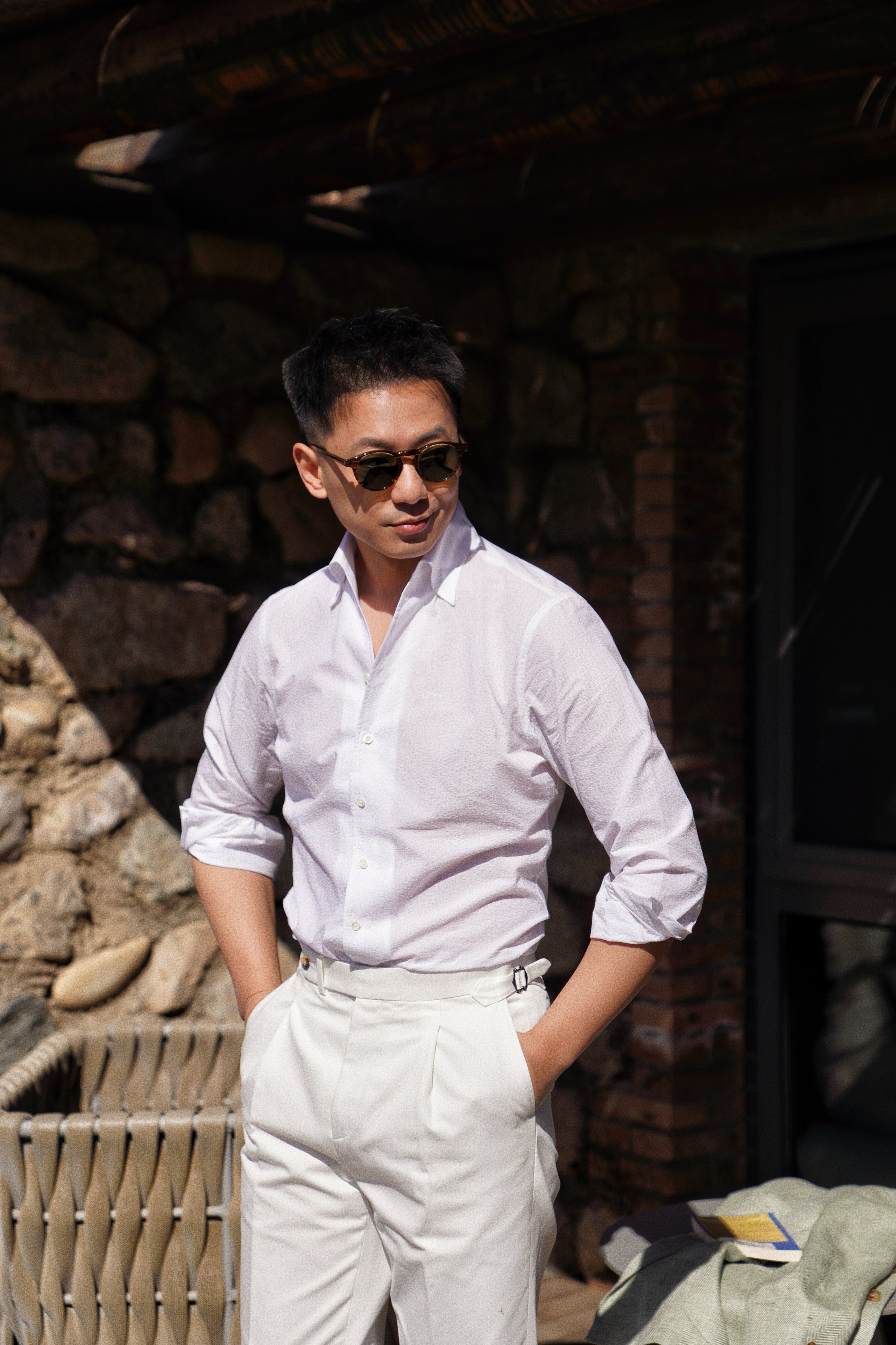 White / Navy Blending One Piece Collar Seersucker Shirt #31 #66