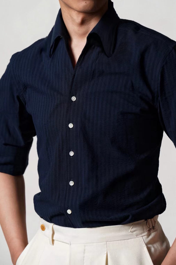 White / Navy Blending One Piece Collar Seersucker Shirt #31 #66