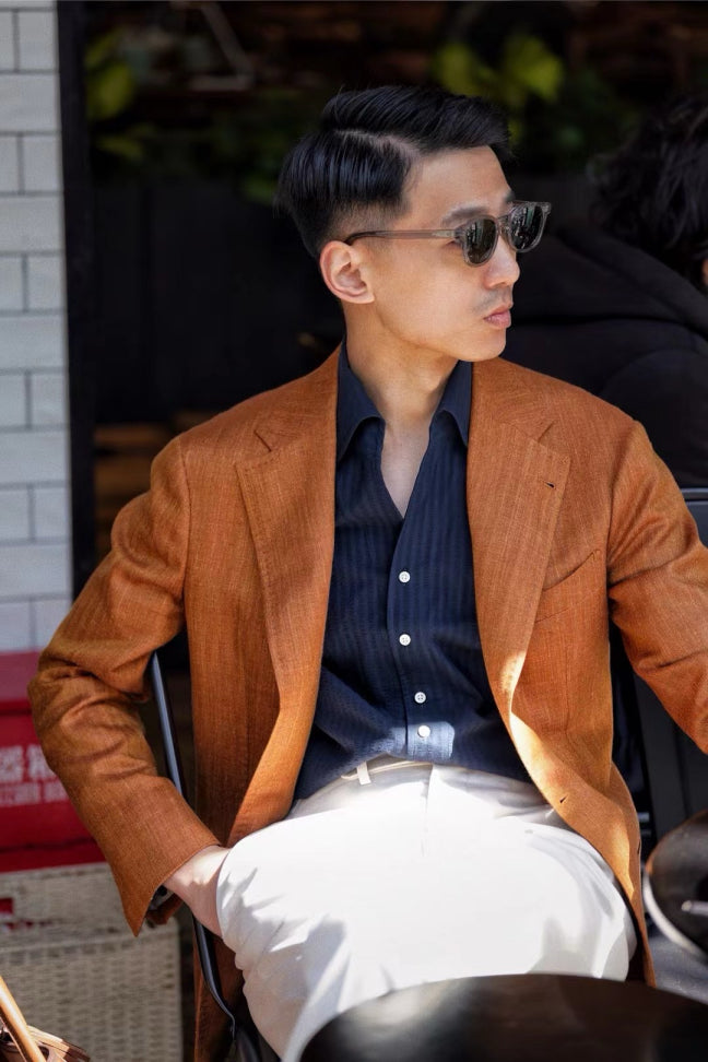 White / Navy Blending One Piece Collar Seersucker Shirt #31 #66