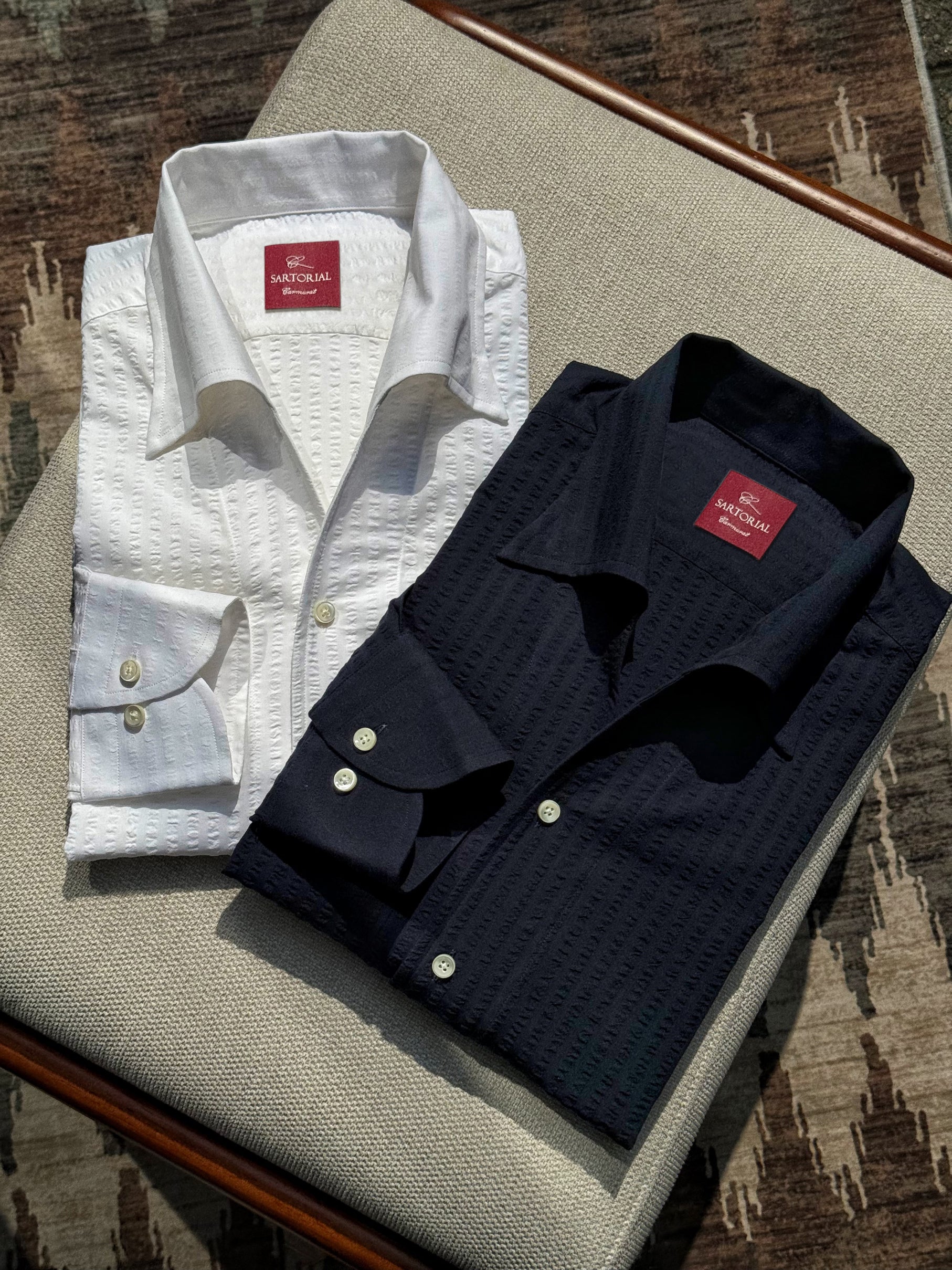 White / Navy Blending One Piece Collar Seersucker Shirt #31 #66