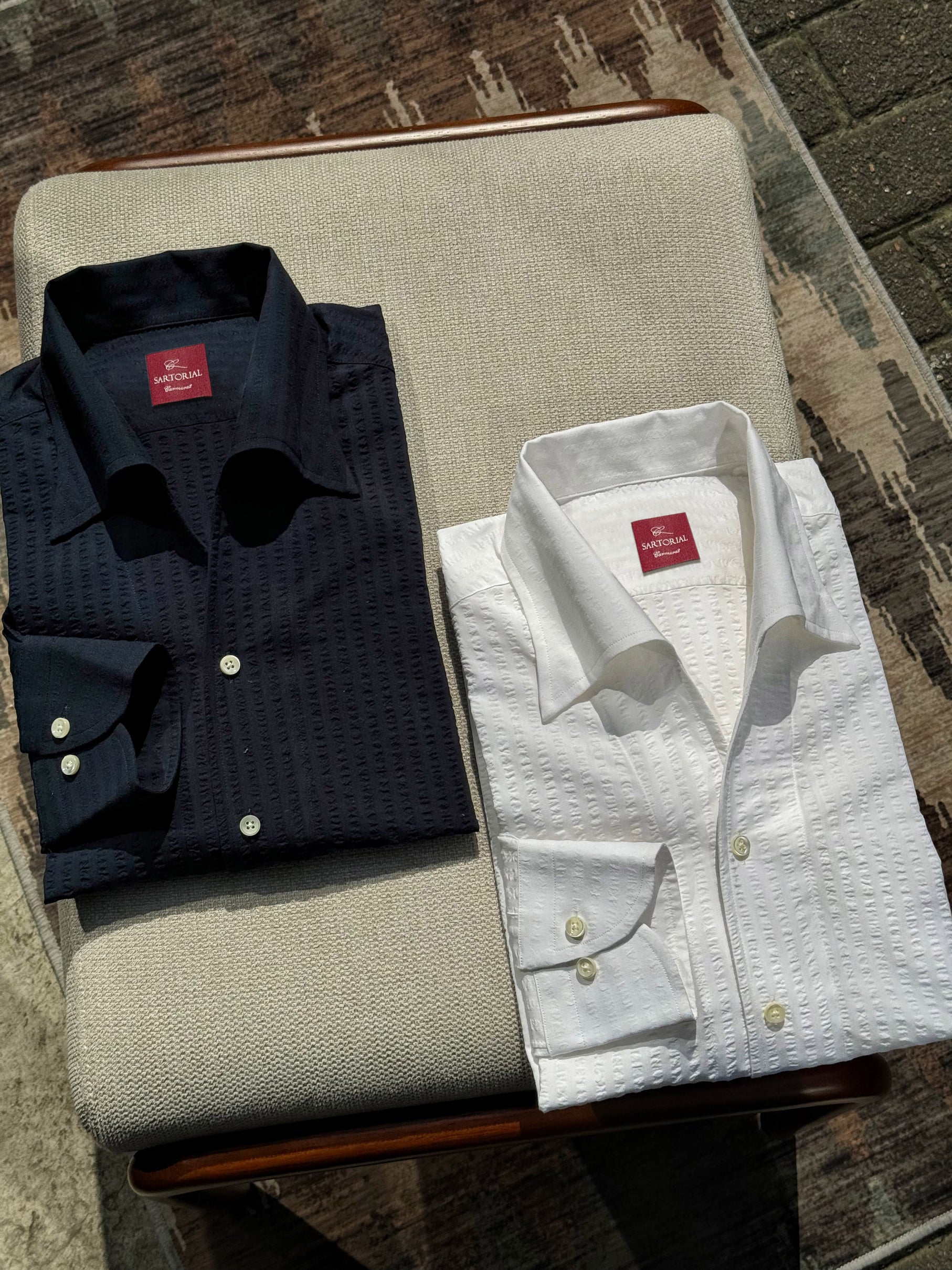 White / Navy Blending One Piece Collar Seersucker Shirt #31 #66