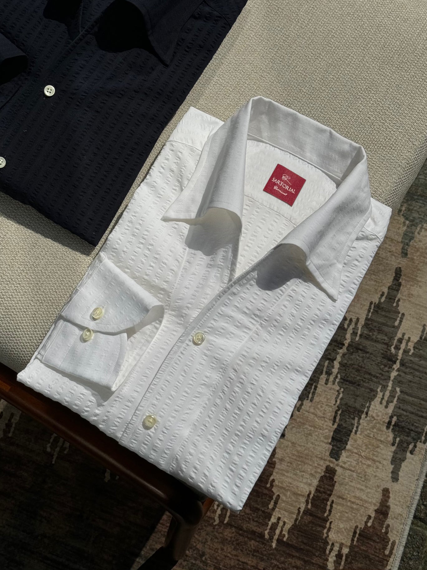 White / Navy Blending One Piece Collar Seersucker Shirt #31 #66