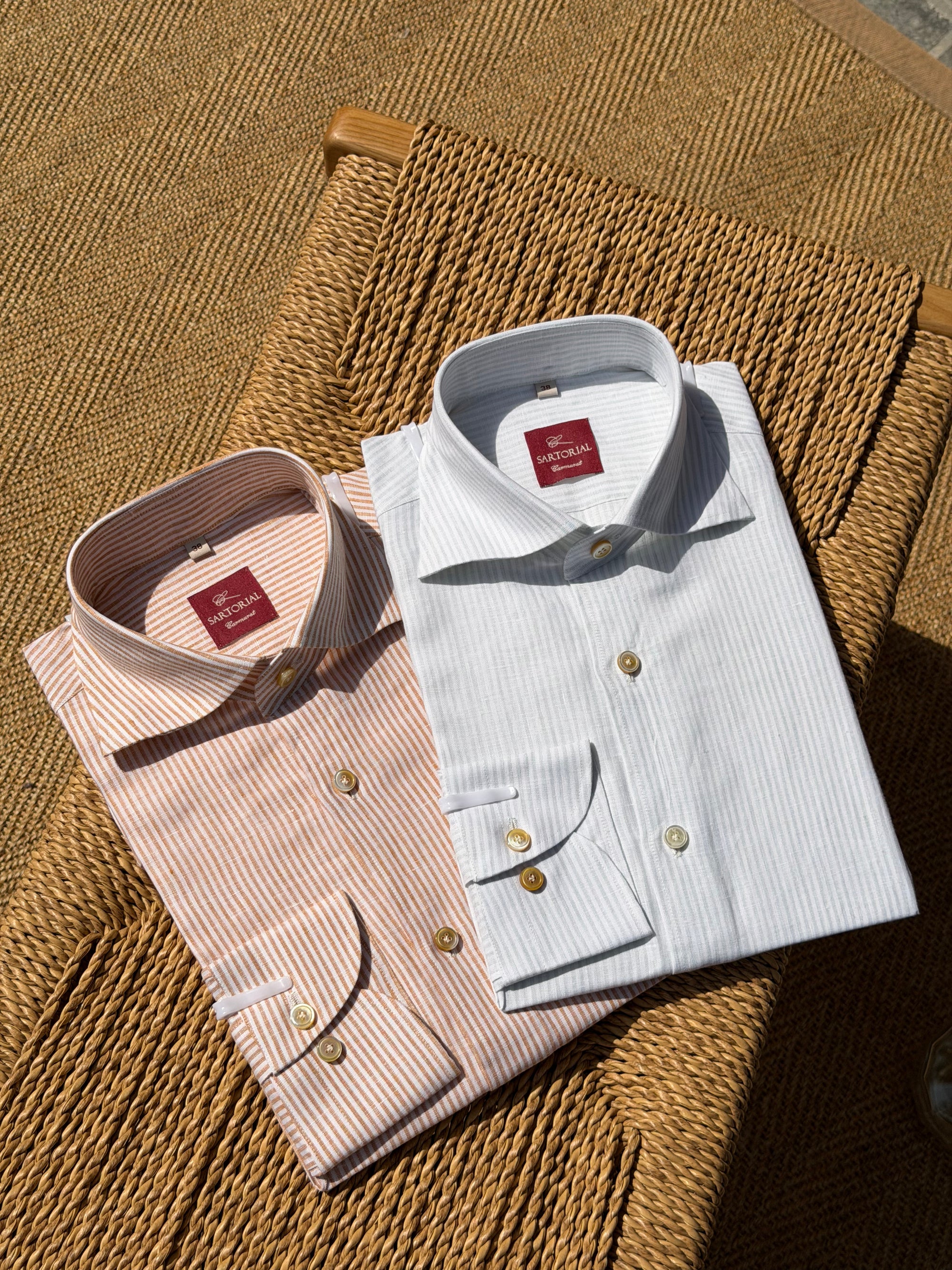 MTO Handcrafted Monti Tangerine Stripe / Pale Olive Stripe Linen Shirt #71 #72
