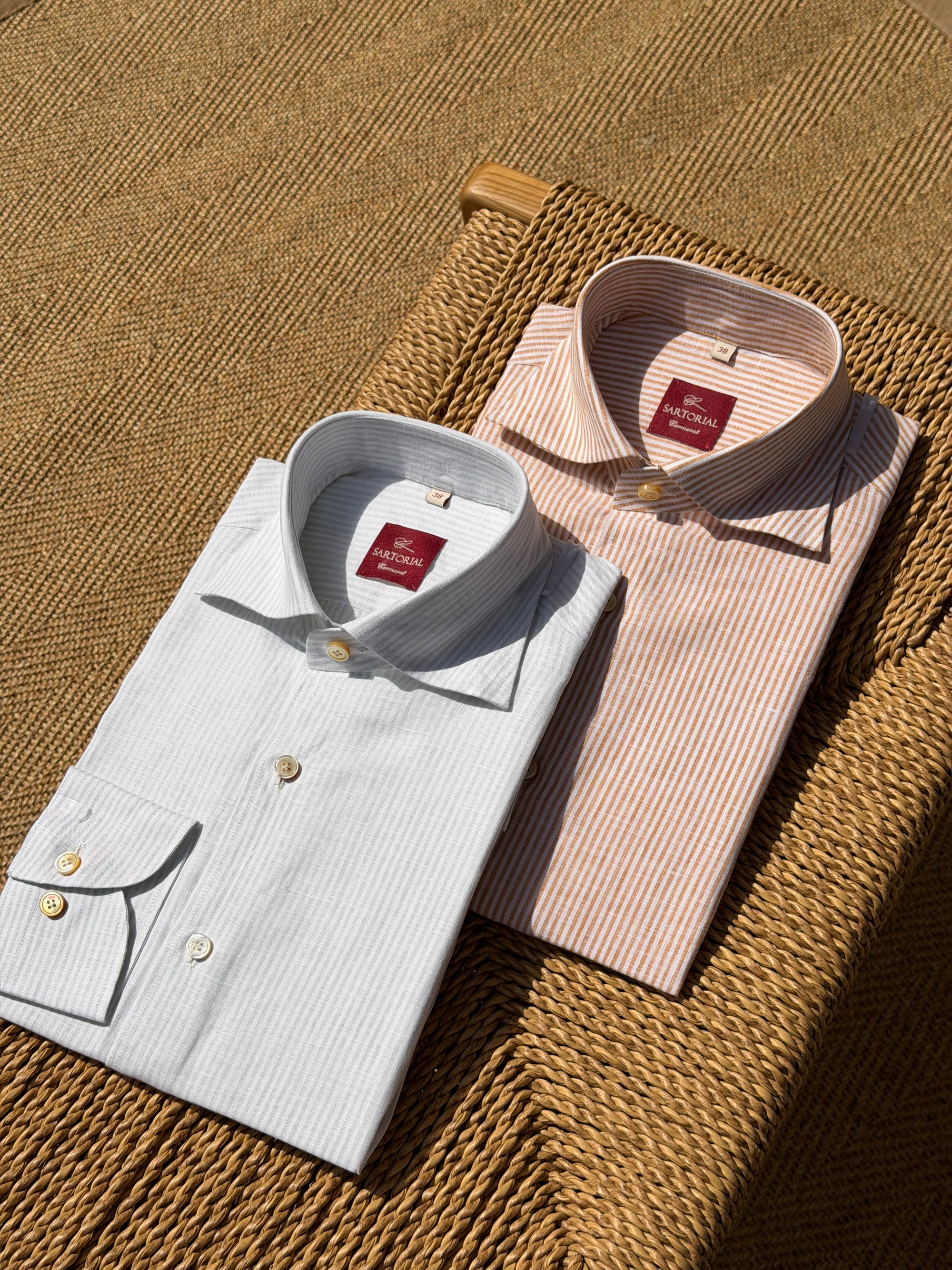 MTO Handcrafted Monti Tangerine Stripe / Pale Olive Stripe Linen Shirt #71 #72