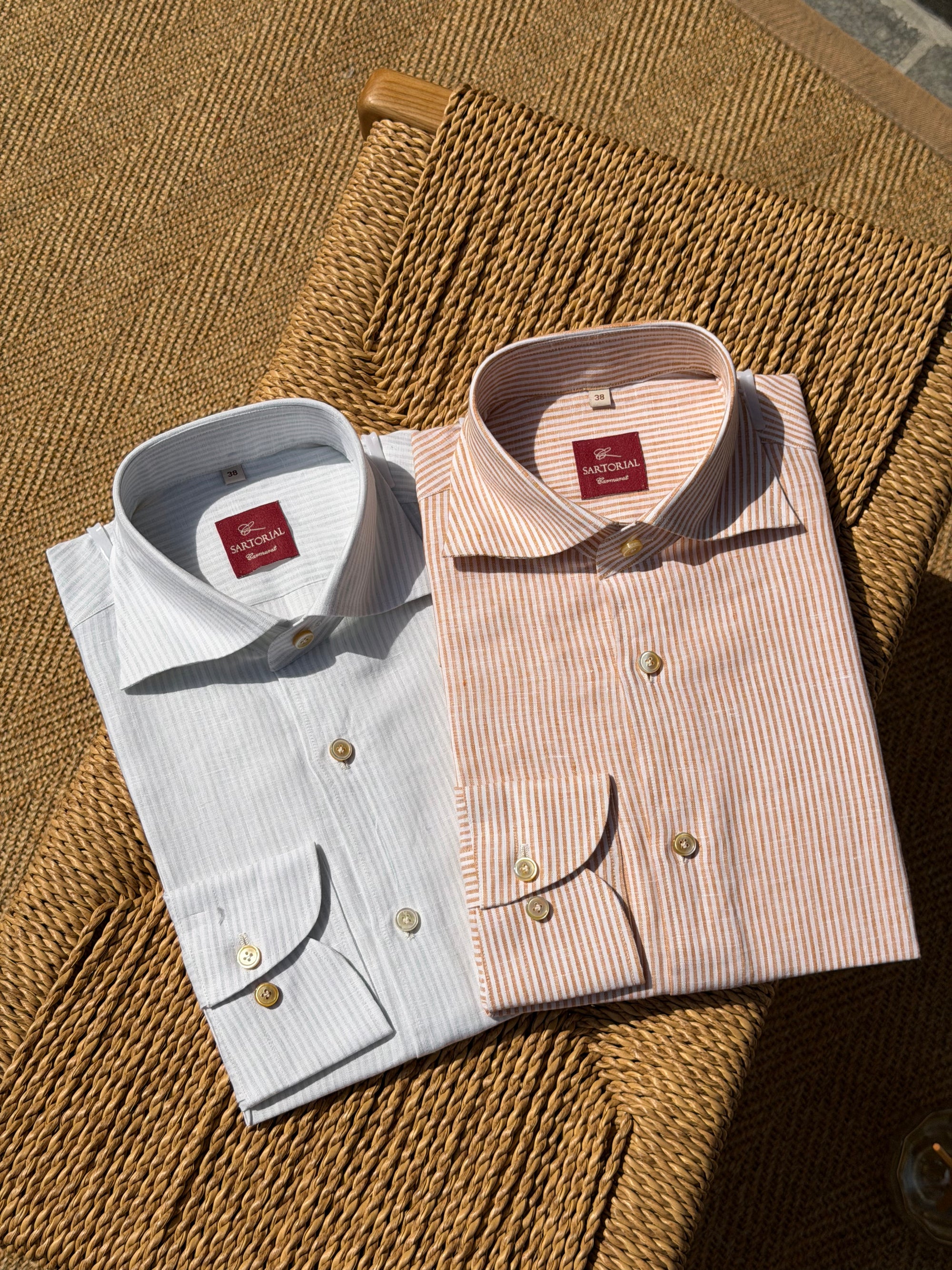 MTO Handcrafted Monti Tangerine Stripe / Pale Olive Stripe Linen Shirt #71 #72