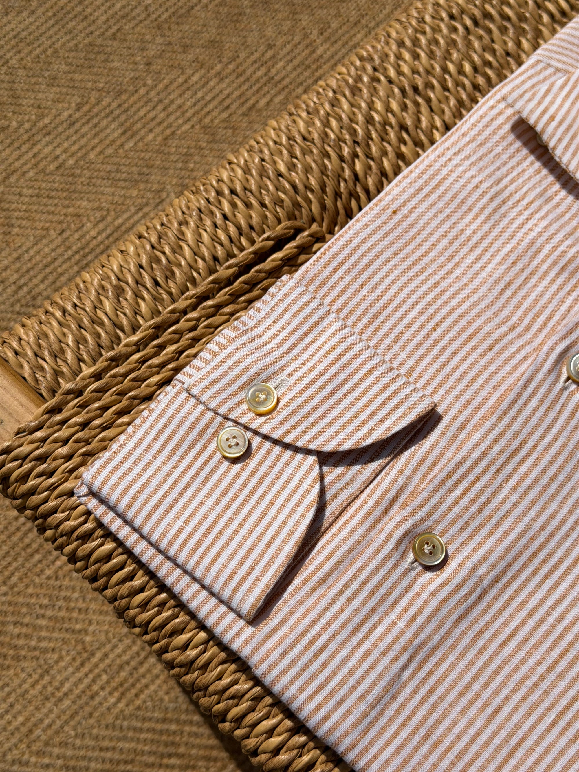 MTO Handcrafted Monti Tangerine Stripe / Pale Olive Stripe Linen Shirt #71 #72