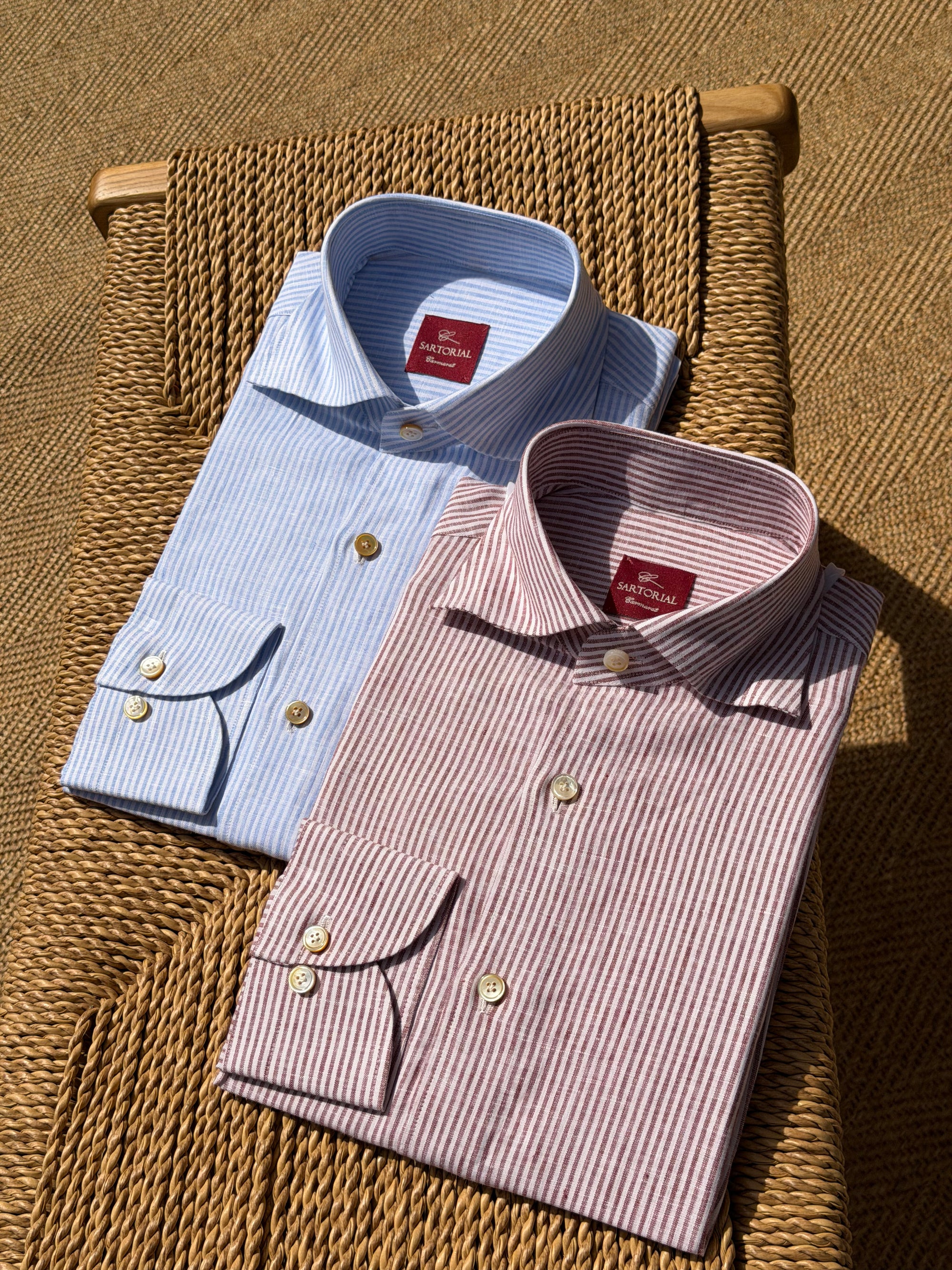 MTO Handcrafted Monti Burgundy Stripe / Pale Blue Stripe Linen Shirt #70 #73