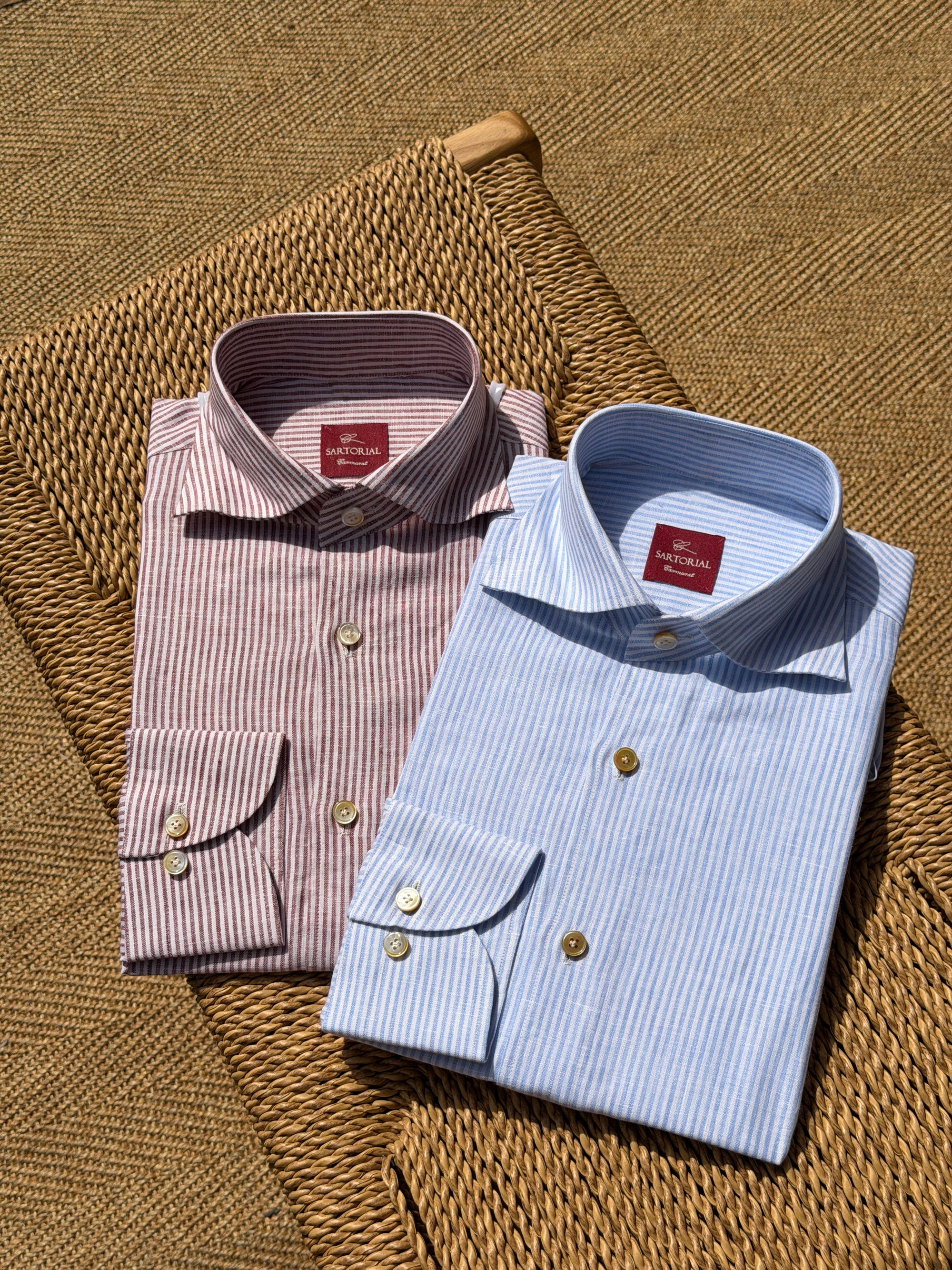 MTO Handcrafted Monti Burgundy Stripe / Pale Blue Stripe Linen Shirt #70 #73