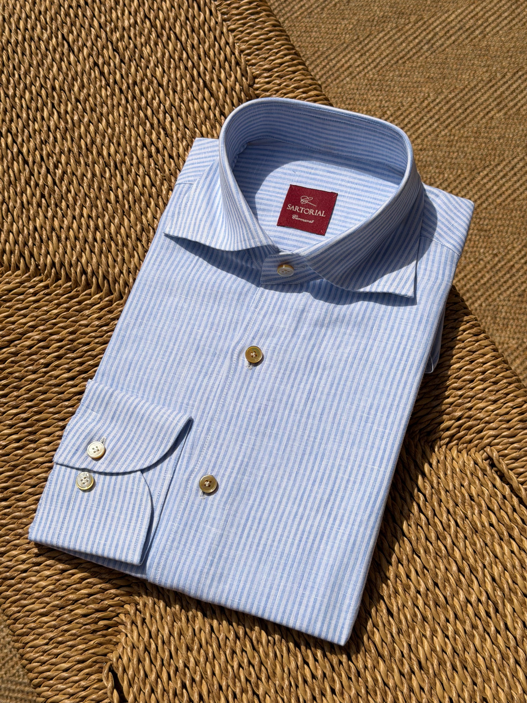 MTO Handcrafted Monti Burgundy Stripe / Pale Blue Stripe Linen Shirt #70 #73